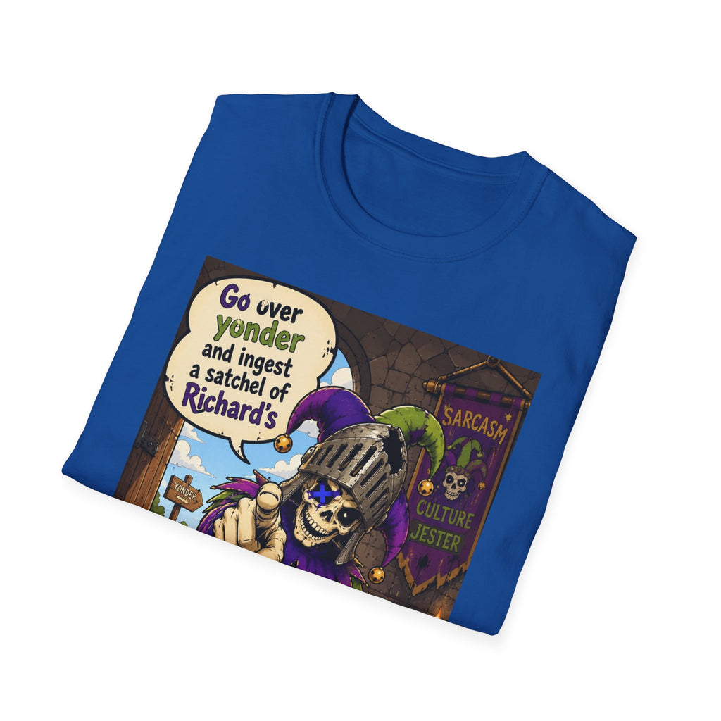 Funny Medieval Skeleton T‑Shirt – 'Go over yonder and ingest a satchel of Richard's' Graphic Tee