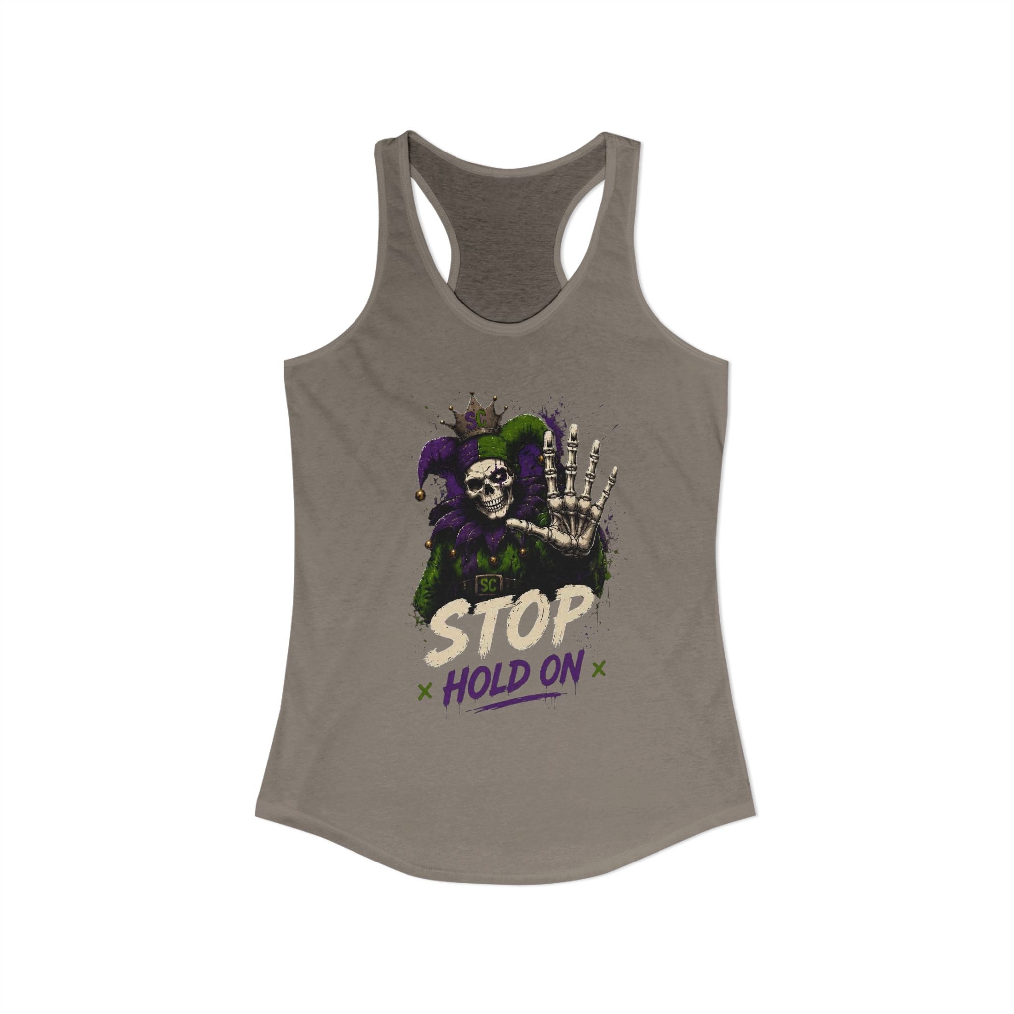 Stop Hold On Racerback Tank — 'OK Now Talk' Jester Graphic Women's Tank Top