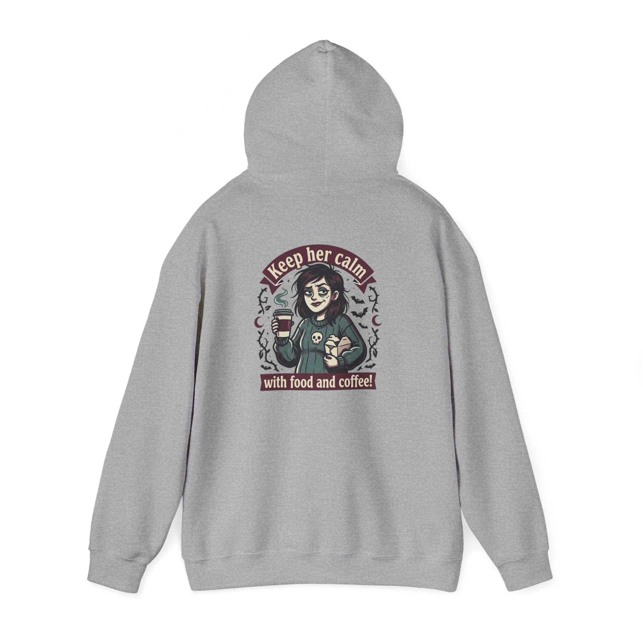 Sarcasm & Caffeine Hoodie — 'Keep Calm with Food and Coffee' Skeleton Jester Graphic Sweatshirt