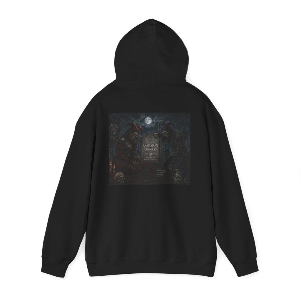 Sarcasm & Caution Hoodie — 'End of Common Sense' Skeleton Jester Duo Graphic Pullover