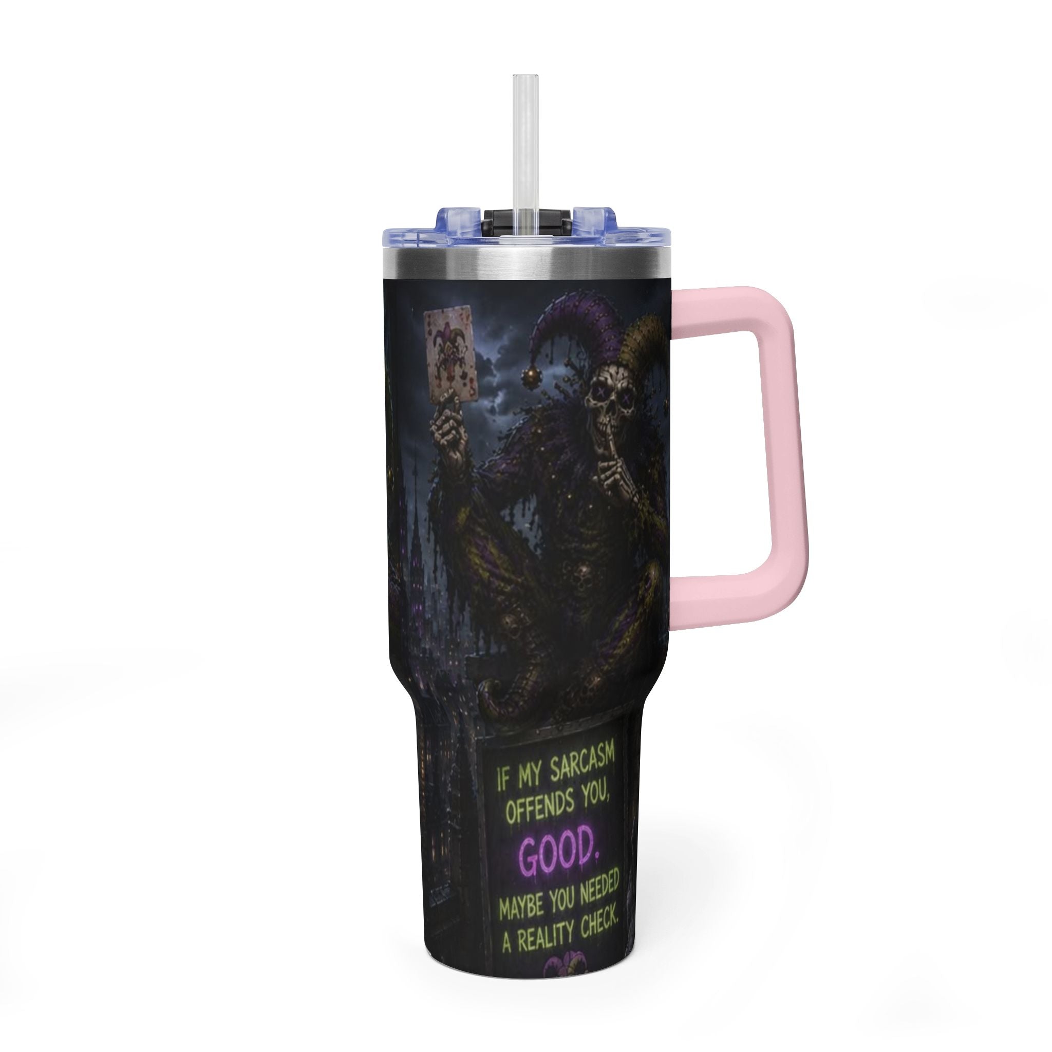 40oz The Skeleton Jester Tumbler — 'Another Day Without You Making Sense' Dark Humor Travel Mug