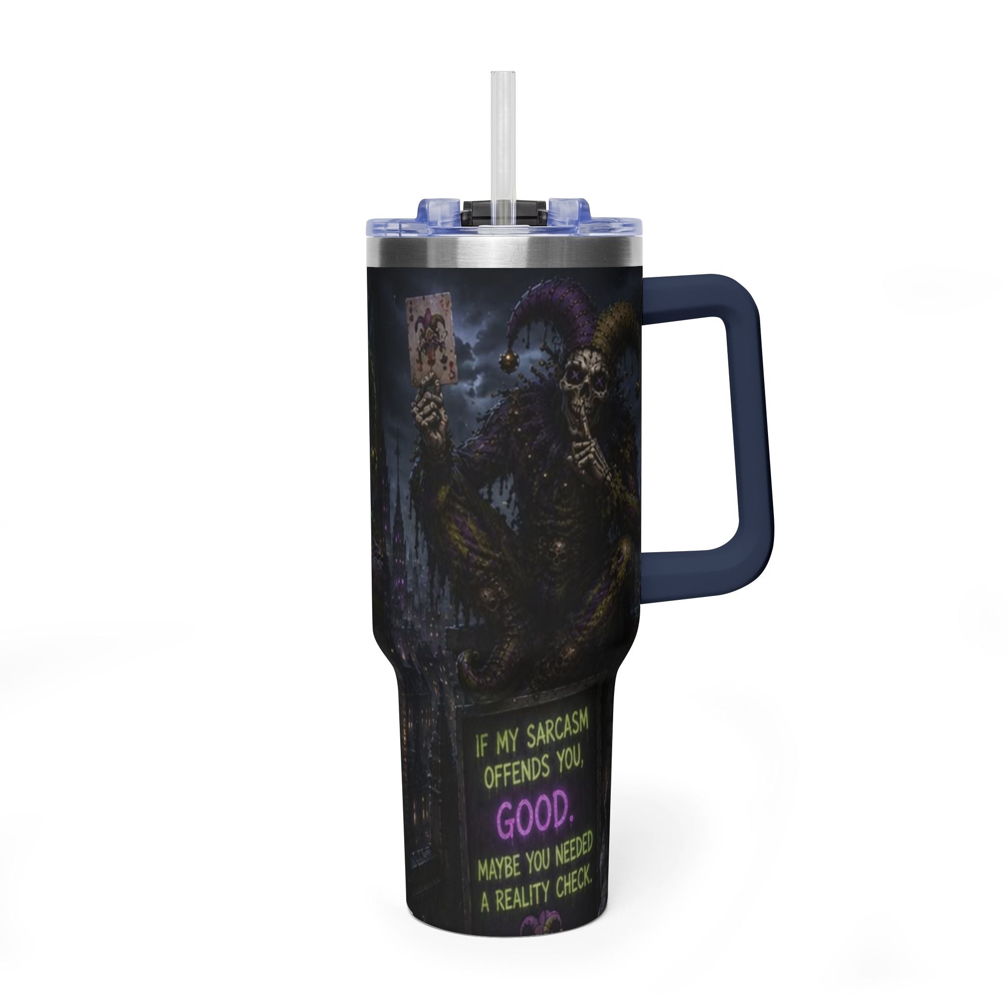40oz The Skeleton Jester Tumbler — 'Another Day Without You Making Sense' Dark Humor Travel Mug