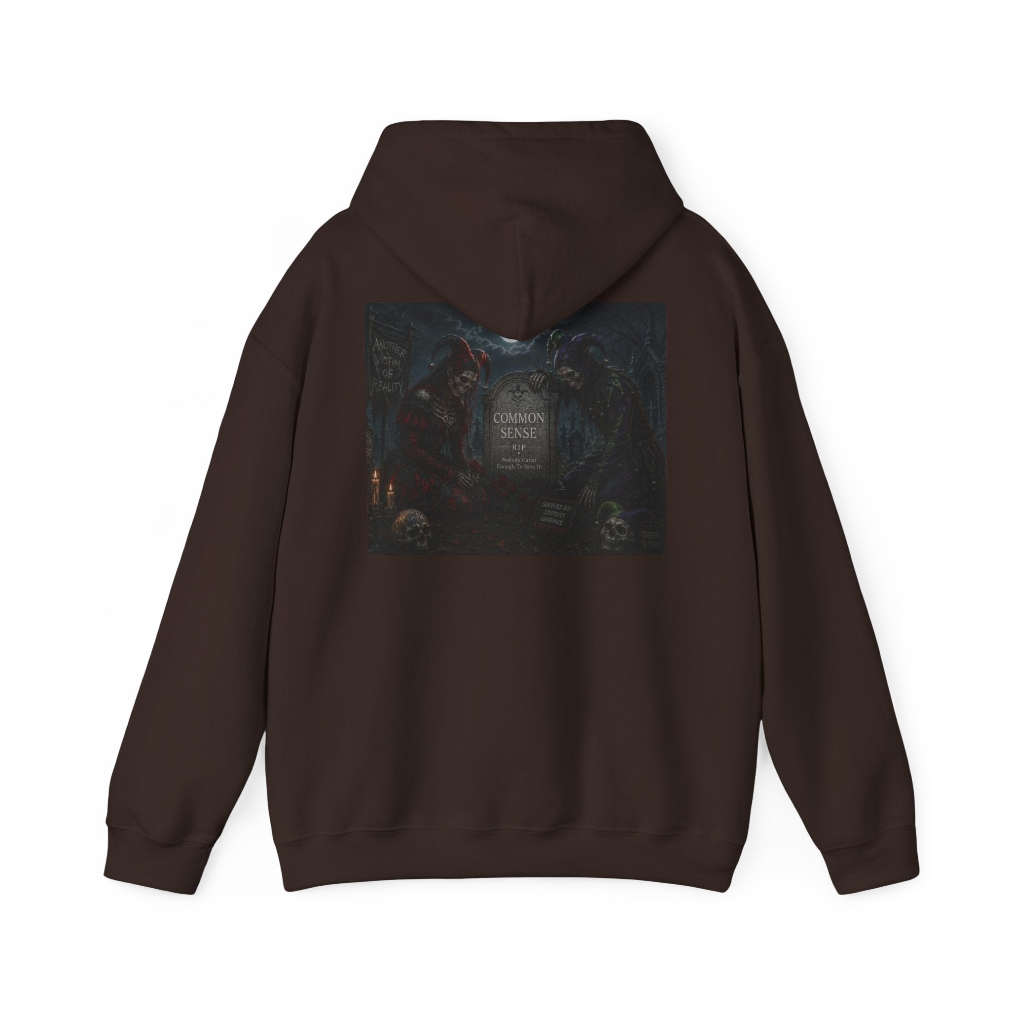 Sarcasm & Caution Hoodie — 'End of Common Sense' Skeleton Jester Duo Graphic Pullover