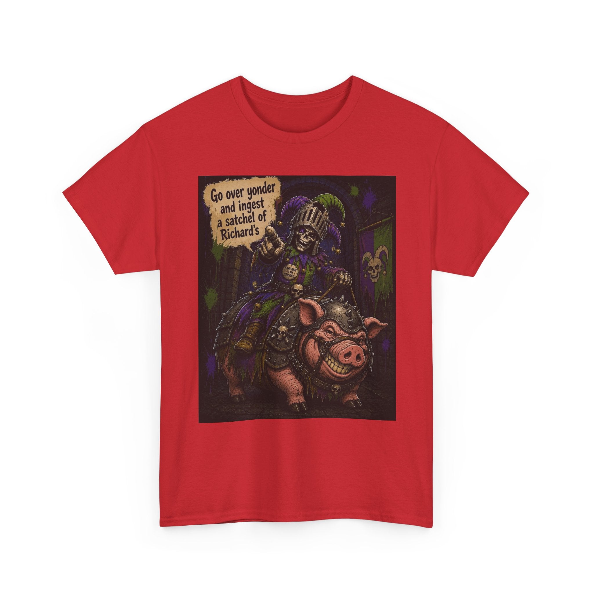 "Go Over Yonder & Ingest a School of Richards" Fantasy Skeleton Knight Riding Pig Dark Humor Graphic T-Shirt
