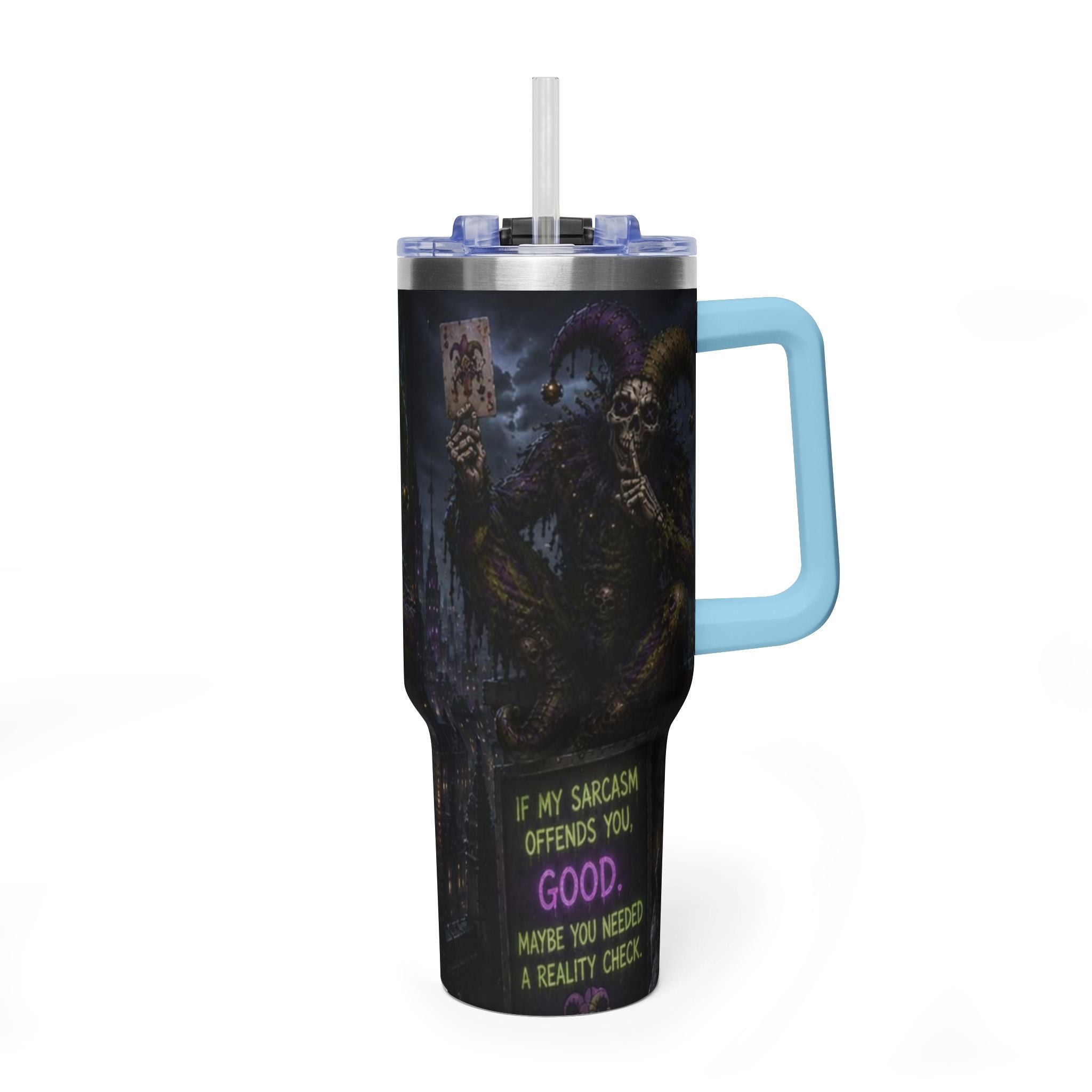 40oz The Skeleton Jester Tumbler — 'Another Day Without You Making Sense' Dark Humor Travel Mug