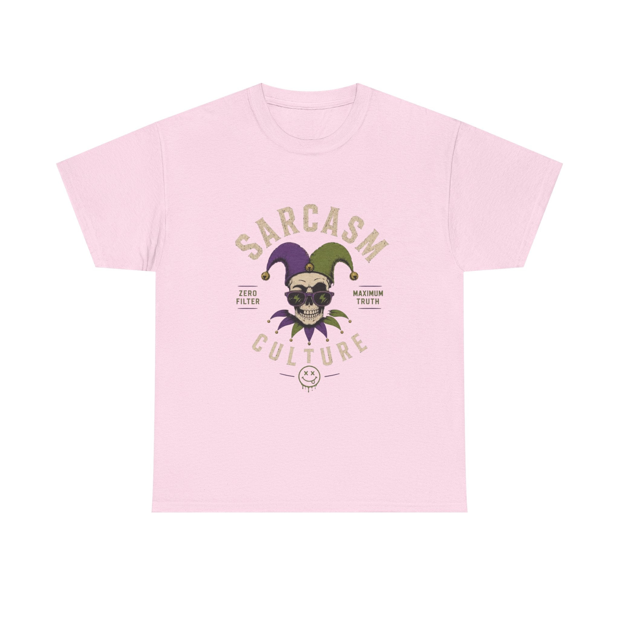 Sarcasm Culture Jester Tee — Skeleton Jester Emblem Dark Humor Graphic T-Shirt