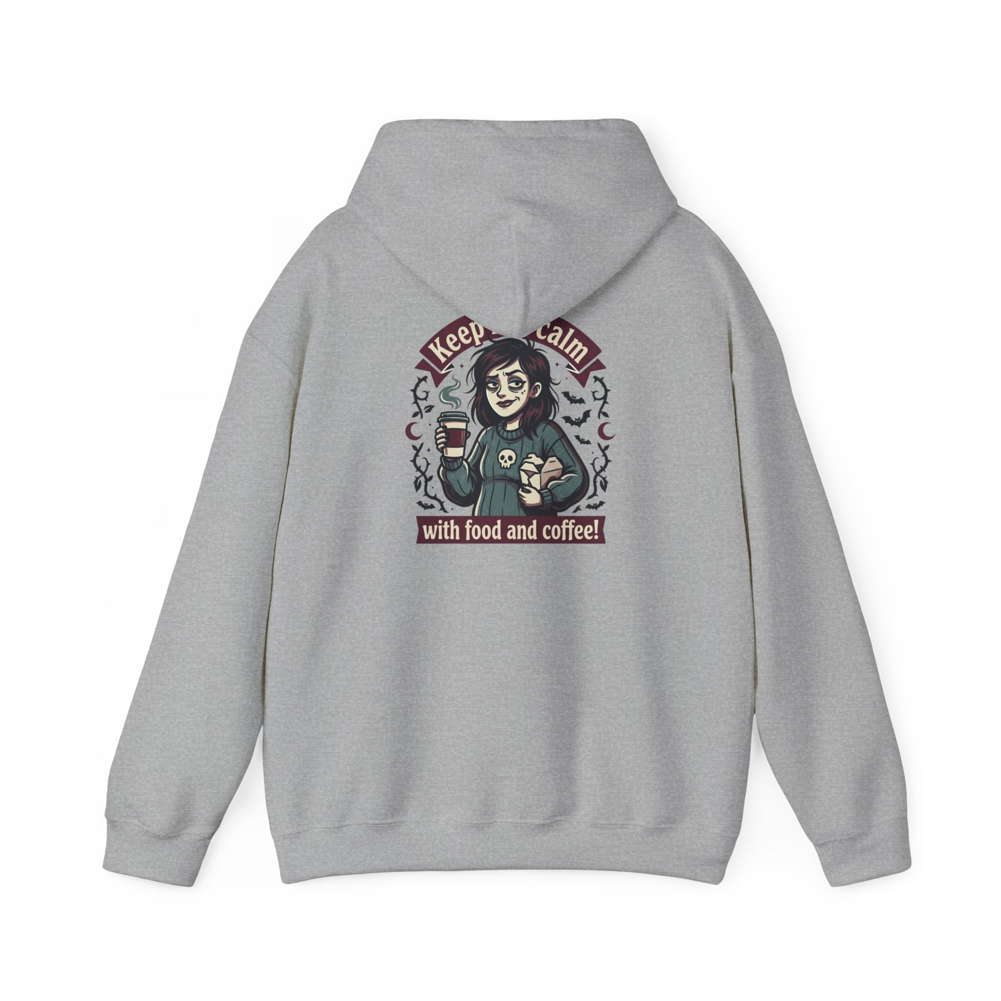 Sarcasm & Caffeine Hoodie — 'Keep Calm with Food and Coffee' Skeleton Jester Graphic Sweatshirt