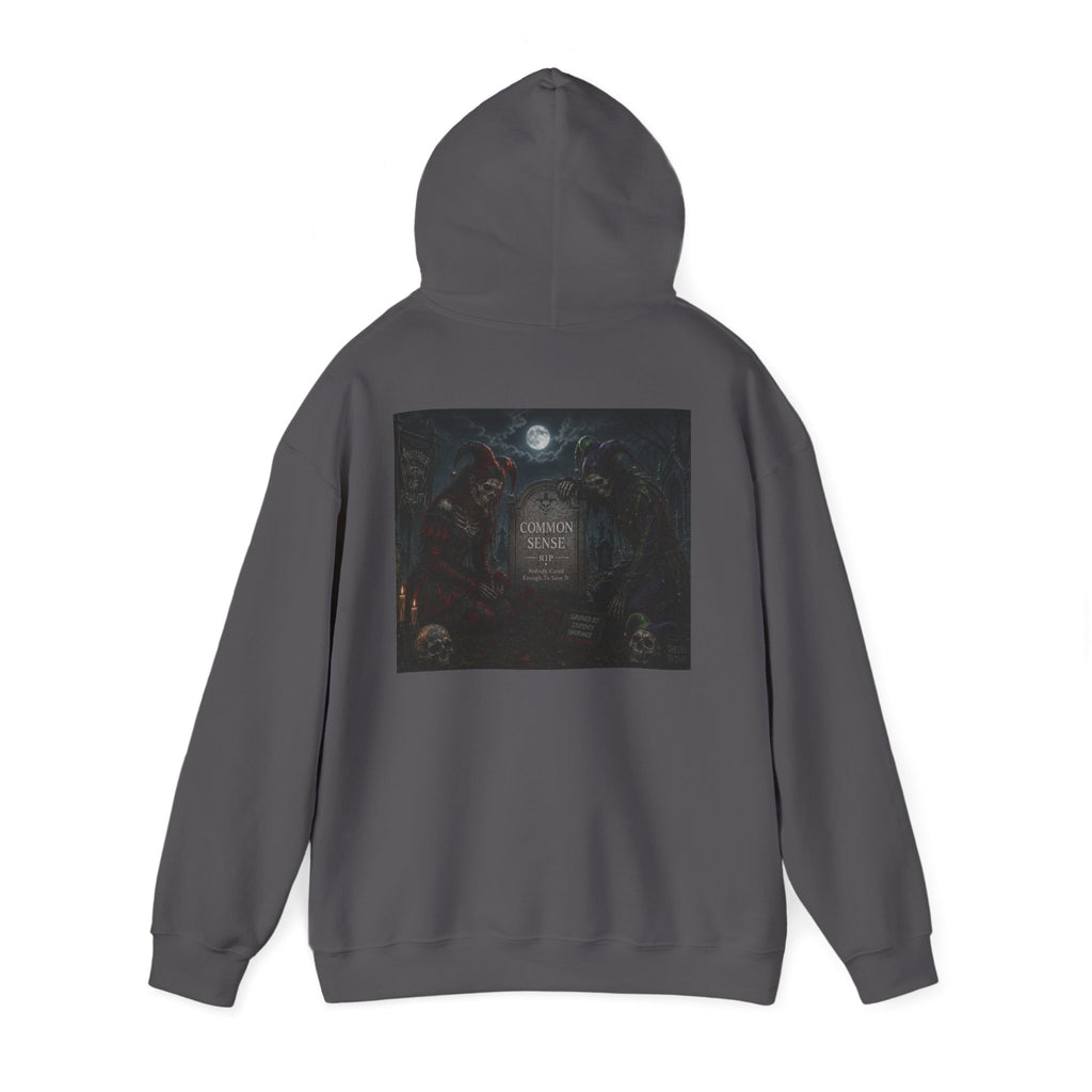 Sarcasm & Caution Hoodie — 'End of Common Sense' Skeleton Jester Duo Graphic Pullover