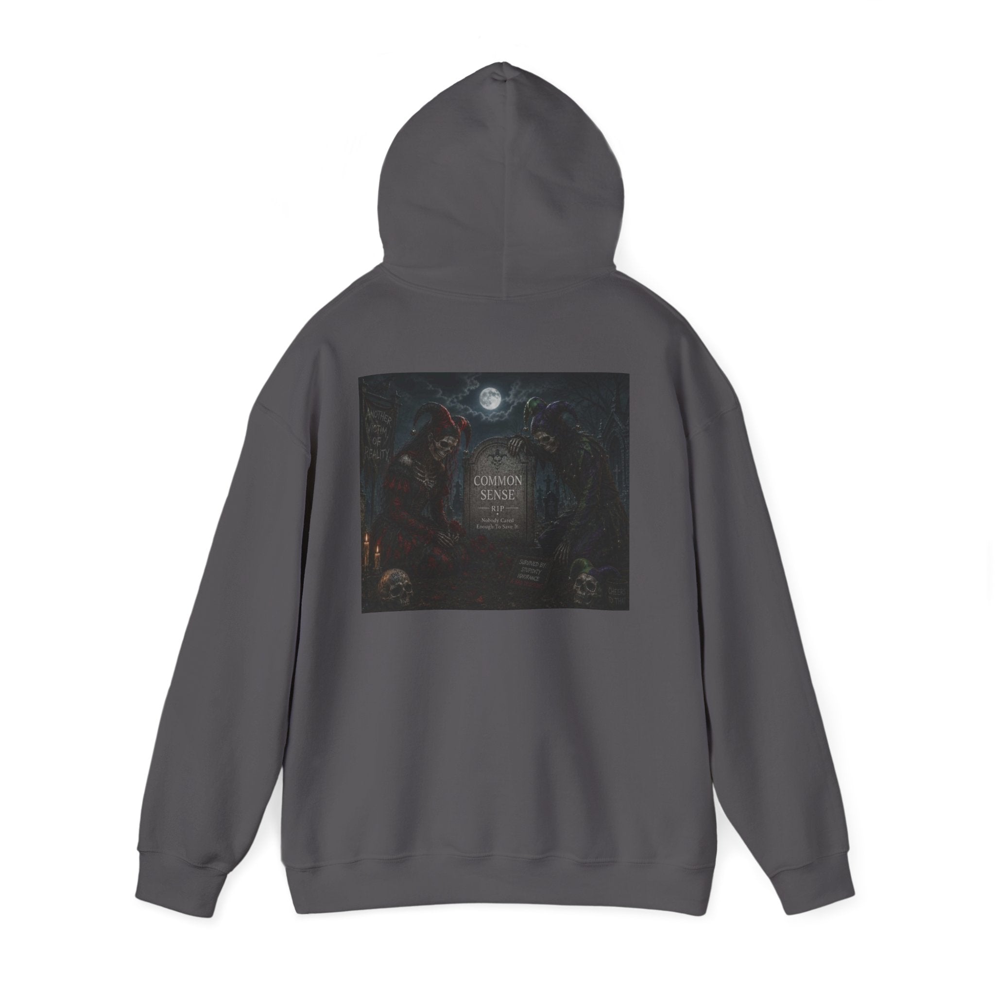 Sarcasm & Caution Hoodie — 'End of Common Sense' Skeleton Jester Duo Graphic Pullover