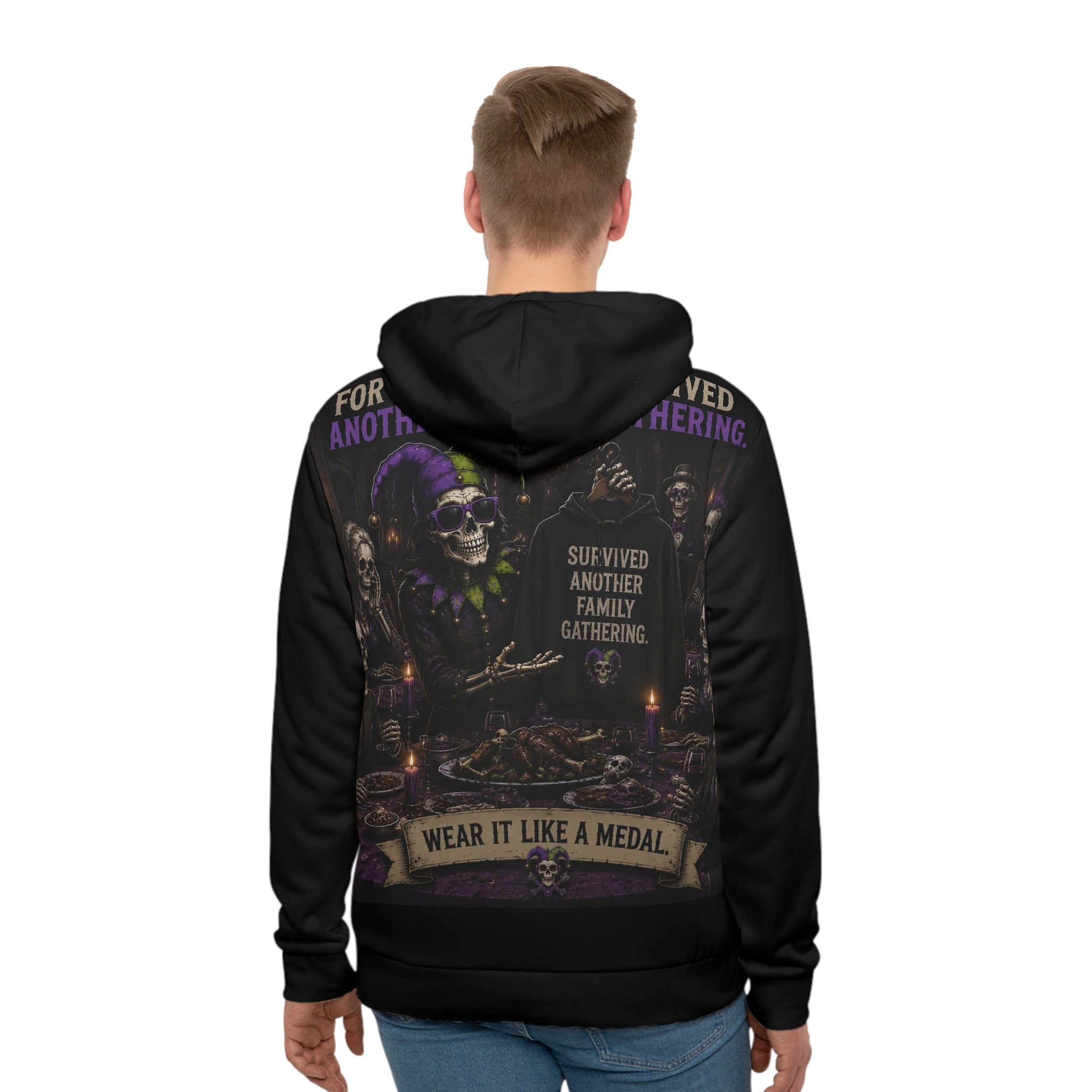 Hoodie - 'Sarcasm Culture' Skull Hoodie: "For Those Who Survived Another Family Gathering" Graphic