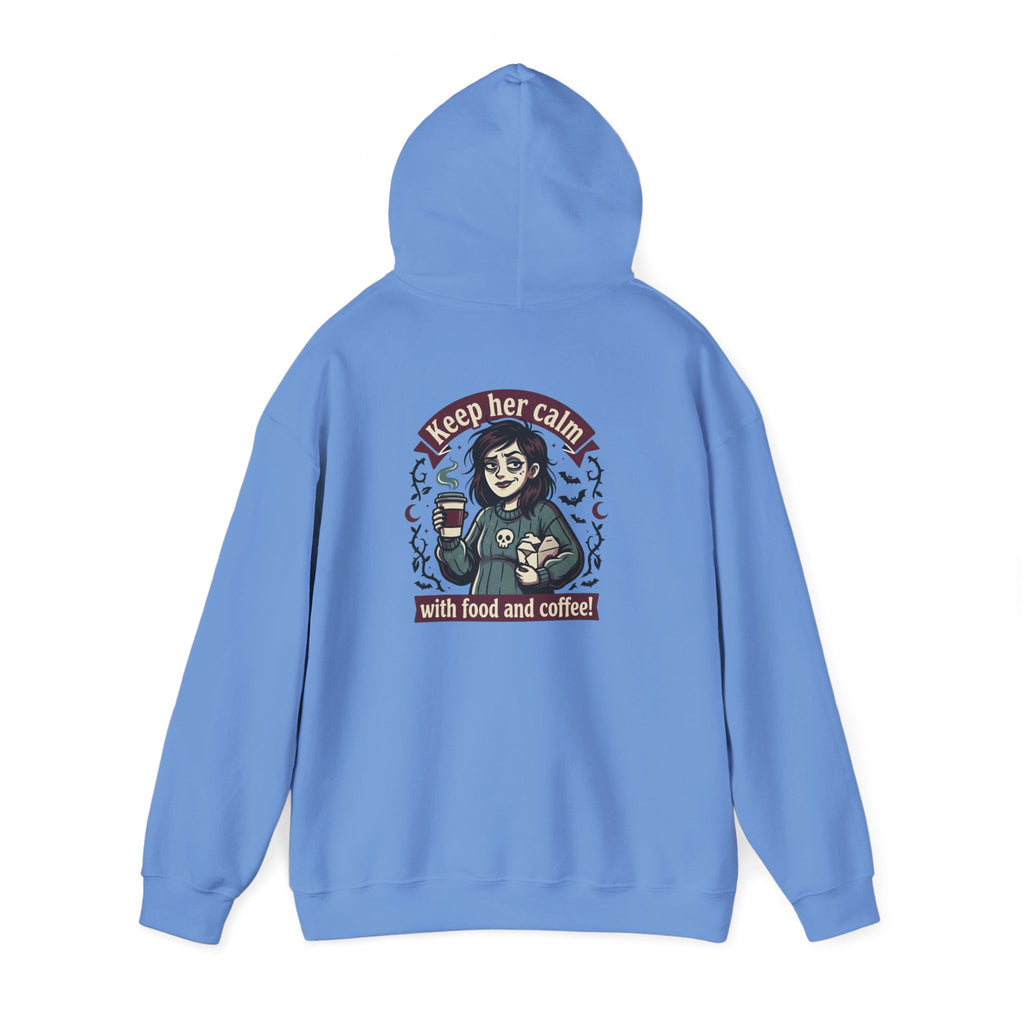 Sarcasm & Caffeine Hoodie — 'Keep Calm with Food and Coffee' Skeleton Jester Graphic Sweatshirt
