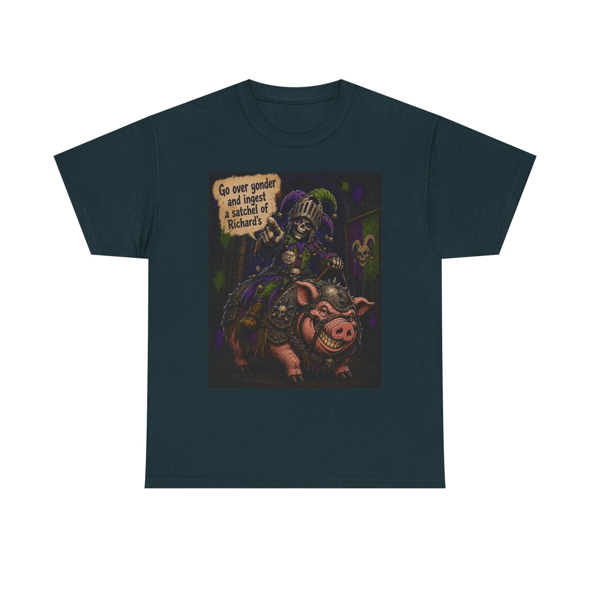 "Go Over Yonder & Ingest a School of Richards" Fantasy Skeleton Knight Riding Pig Dark Humor Graphic T-Shirt