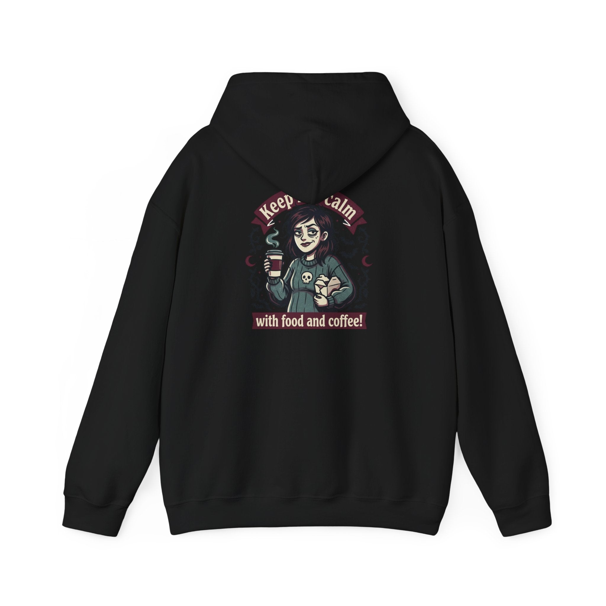 Sarcasm & Caffeine Hoodie — 'Keep Calm with Food and Coffee' Skeleton Jester Graphic Sweatshirt