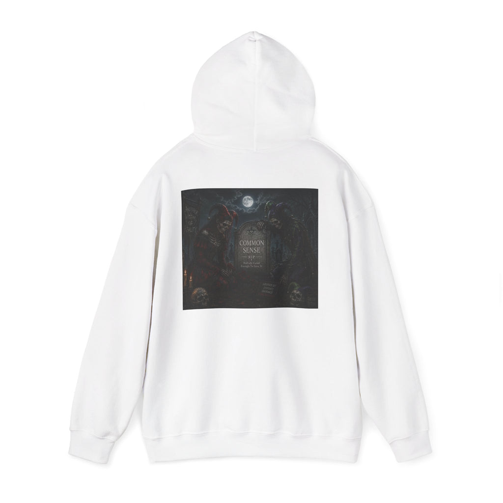 Sarcasm & Caution Hoodie — 'End of Common Sense' Skeleton Jester Duo Graphic Pullover