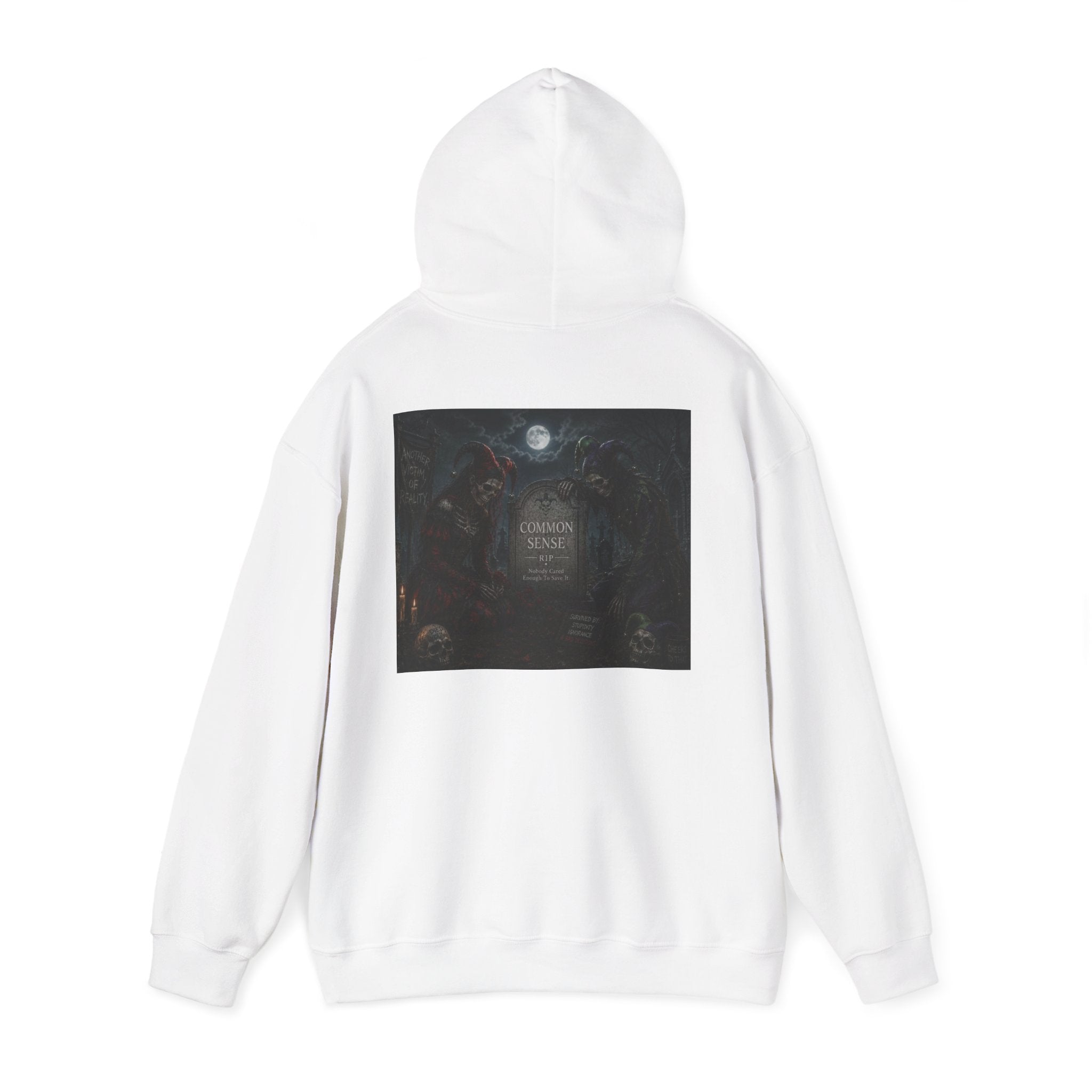 Sarcasm & Caution Hoodie — 'End of Common Sense' Skeleton Jester Duo Graphic Pullover