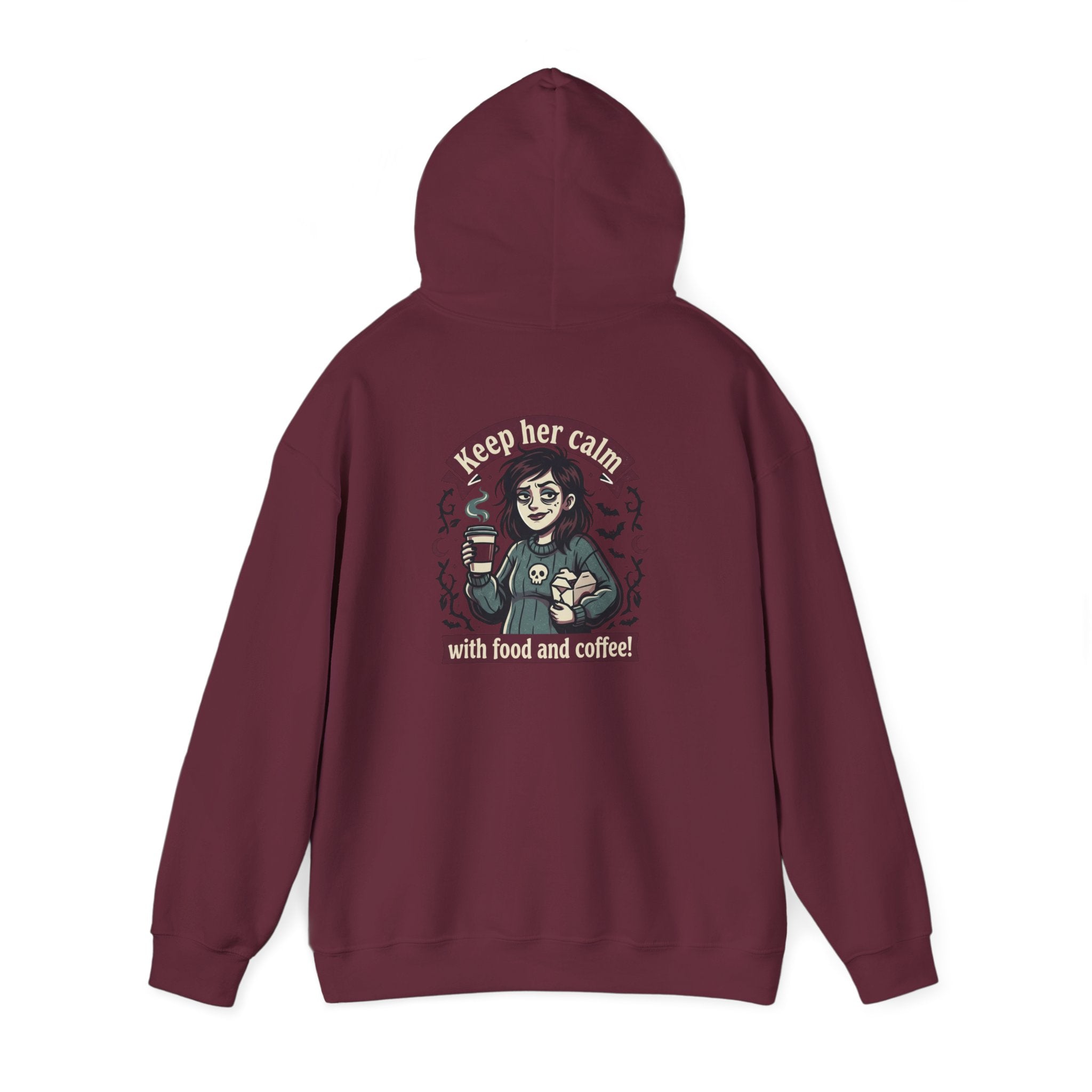 Sarcasm & Caffeine Hoodie — 'Keep Calm with Food and Coffee' Skeleton Jester Graphic Sweatshirt
