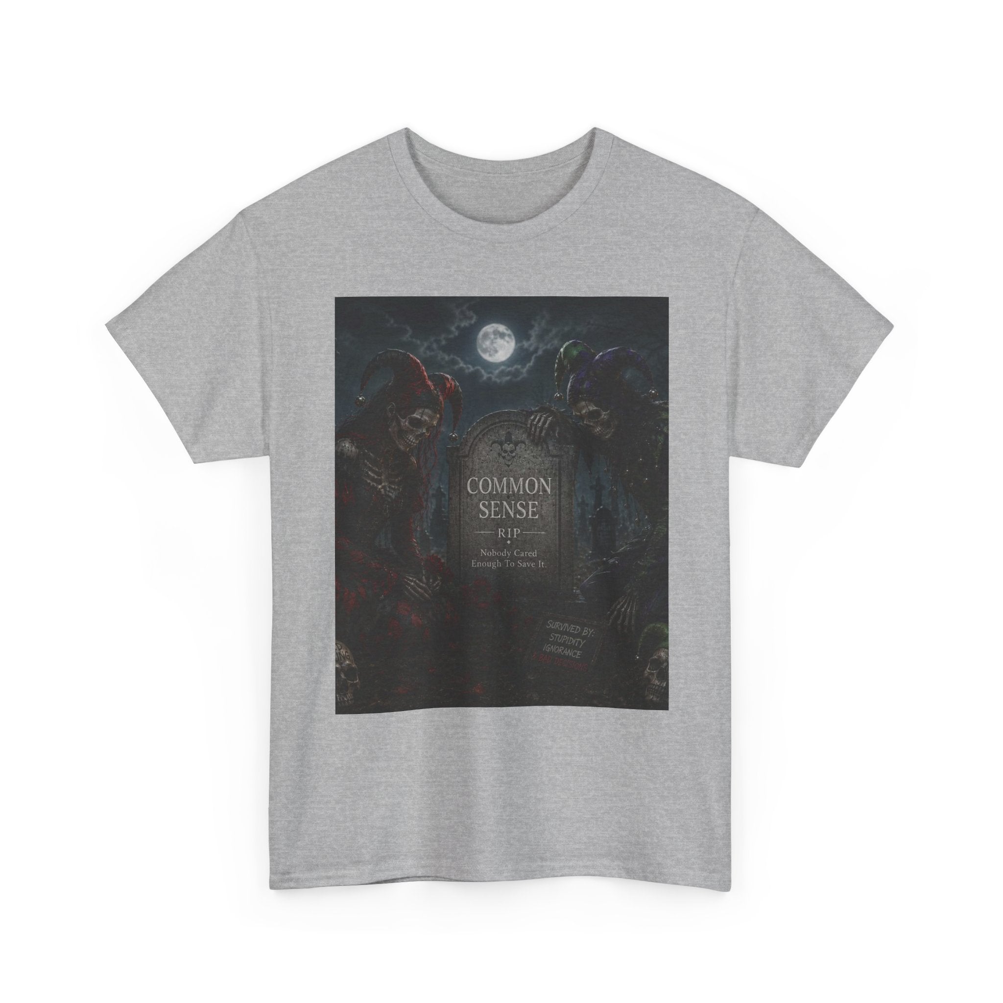 "Common Sense" Gothic Moon Dark Humor Graphic T-Shirt | Skeleton Jester