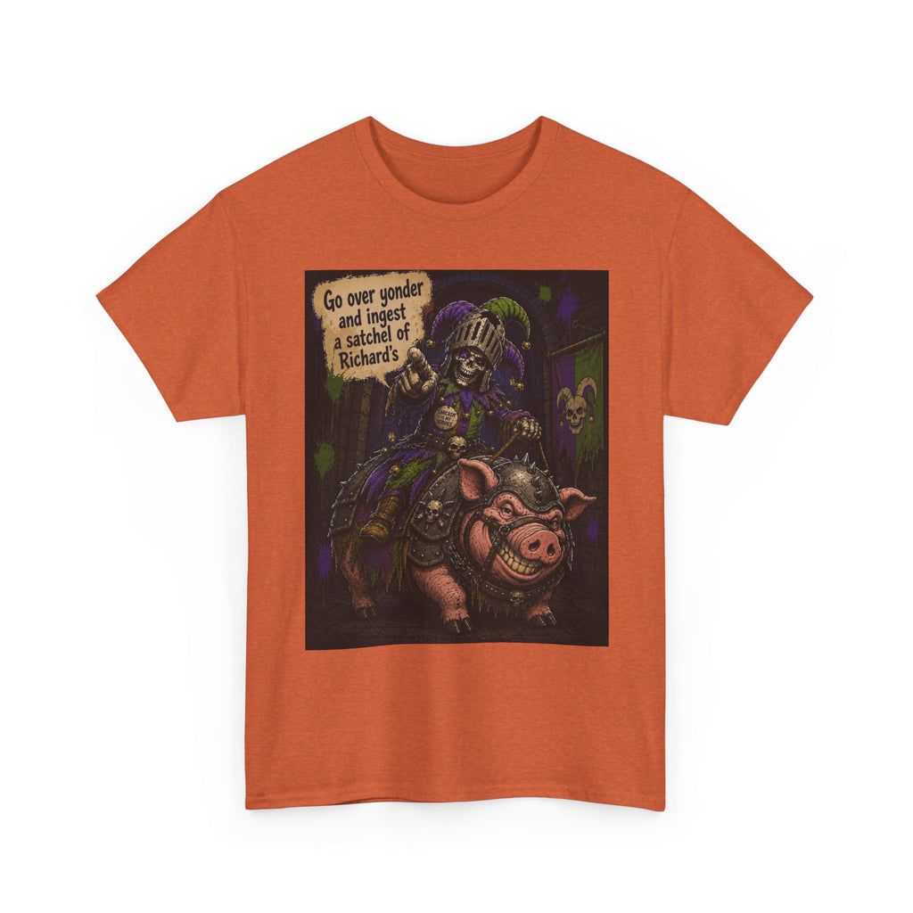"Go Over Yonder & Ingest a School of Richards" Fantasy Skeleton Knight Riding Pig Dark Humor Graphic T-Shirt