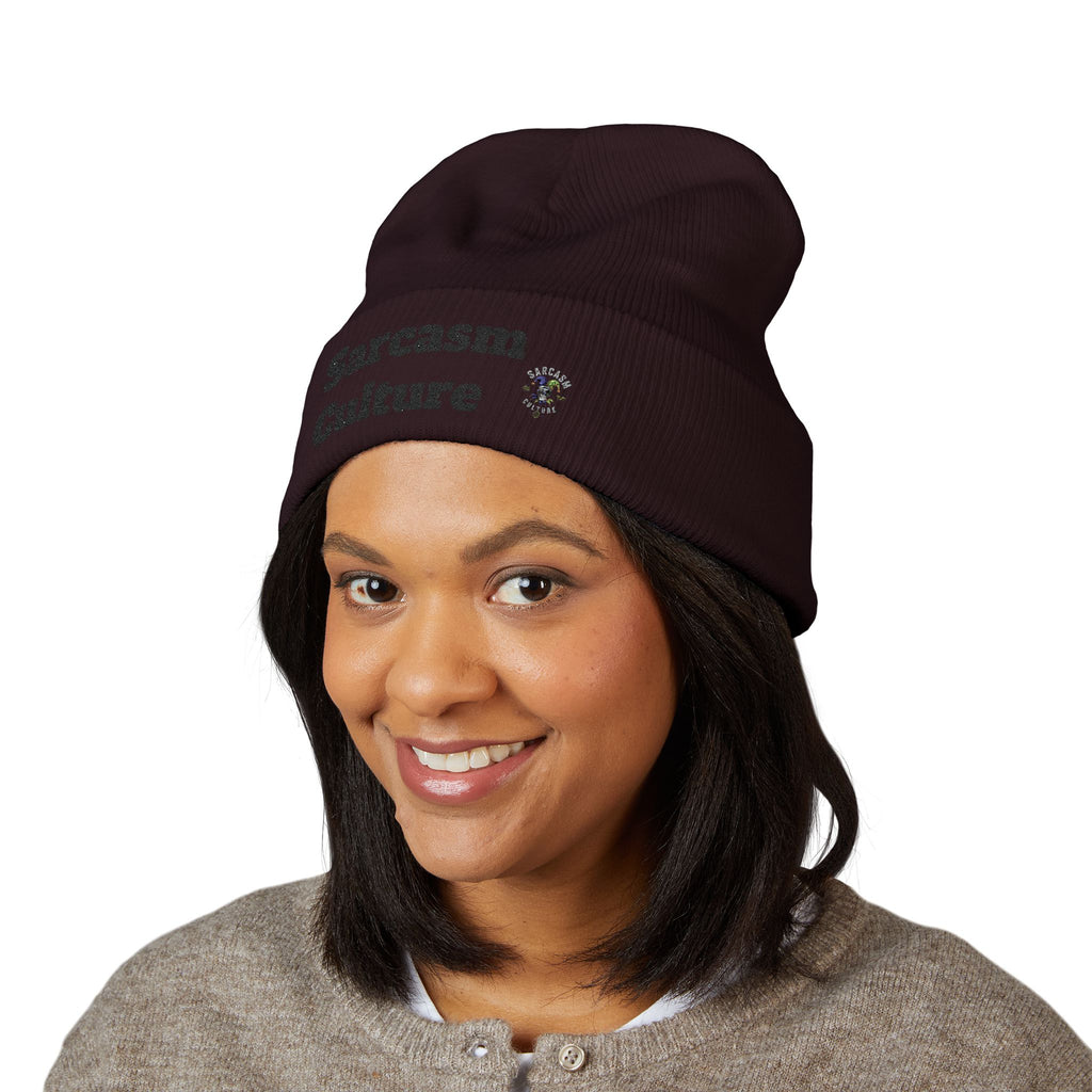 Sarcasm Culture Embroidered Cuffed Beanie — Olive Knit Winter Hat