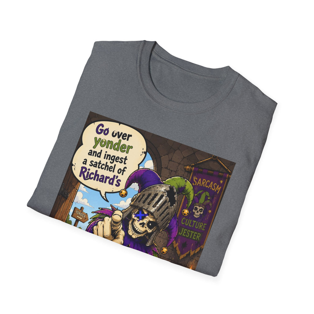 Funny Medieval Skeleton T‑Shirt – 'Go over yonder and ingest a satchel of Richard's' Graphic Tee