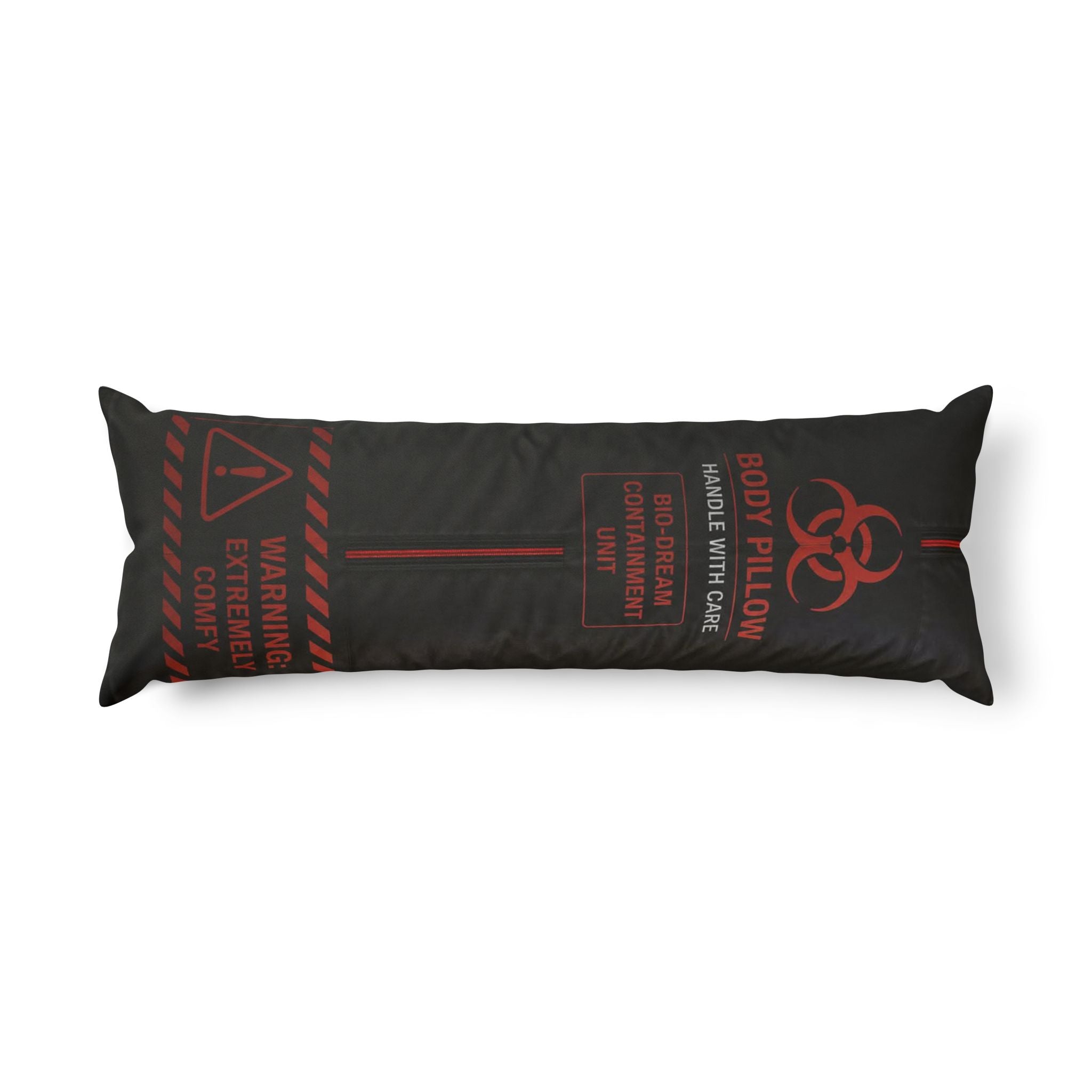 Sarcasm Culture Black Body Pillow — Biohazard Warning Graphic