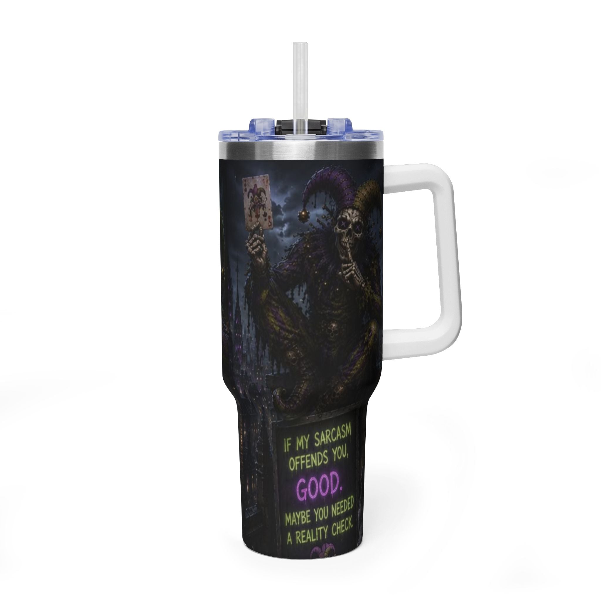 40oz The Skeleton Jester Tumbler — 'Another Day Without You Making Sense' Dark Humor Travel Mug
