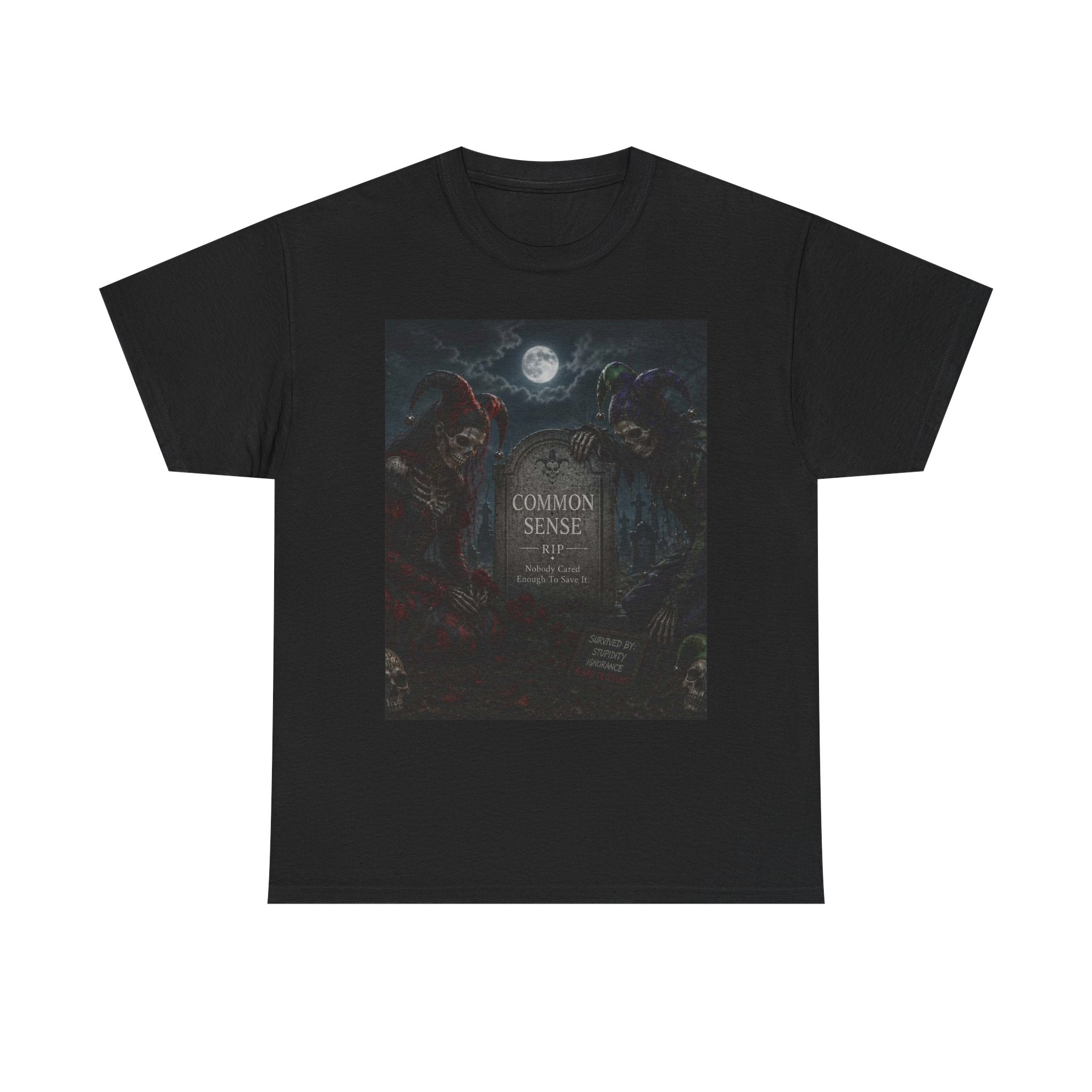 "Common Sense" Gothic Moon Dark Humor Graphic T-Shirt | Skeleton Jester
