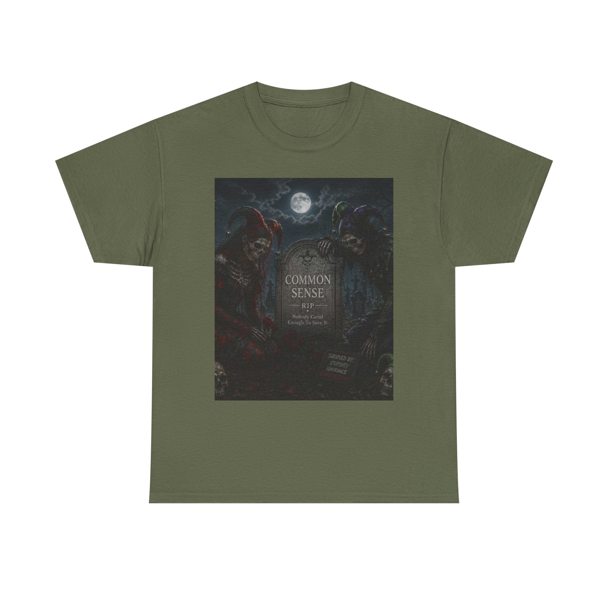 "Common Sense" Gothic Moon Dark Humor Graphic T-Shirt | Skeleton Jester