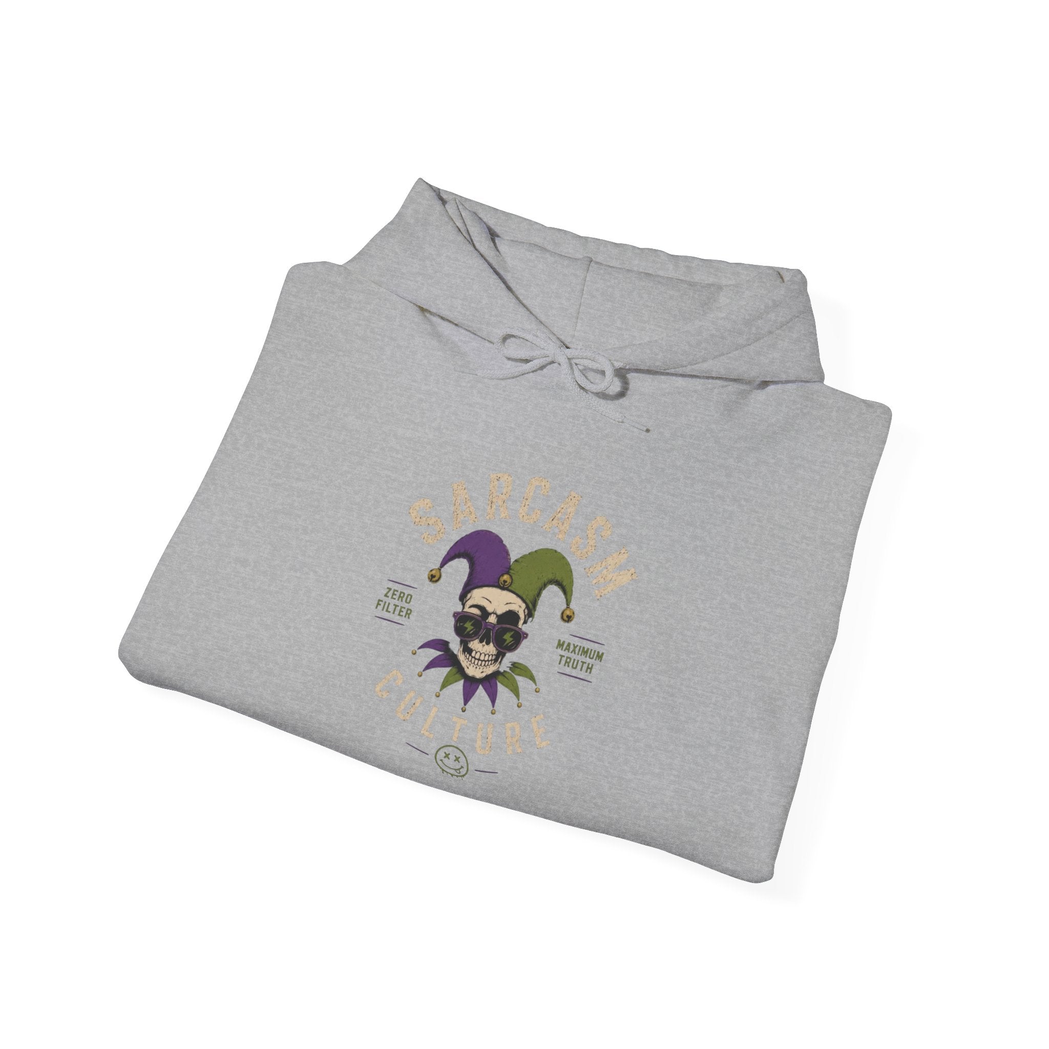 Sarcasm & Caffeine Hoodie — 'Keep Calm with Food and Coffee' Skeleton Jester Graphic Sweatshirt