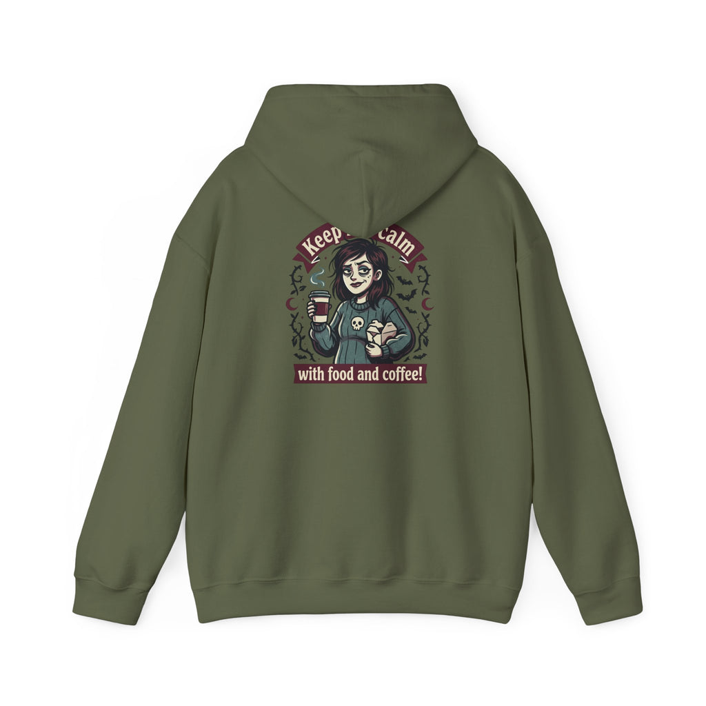 Sarcasm & Caffeine Hoodie — 'Keep Calm with Food and Coffee' Skeleton Jester Graphic Sweatshirt
