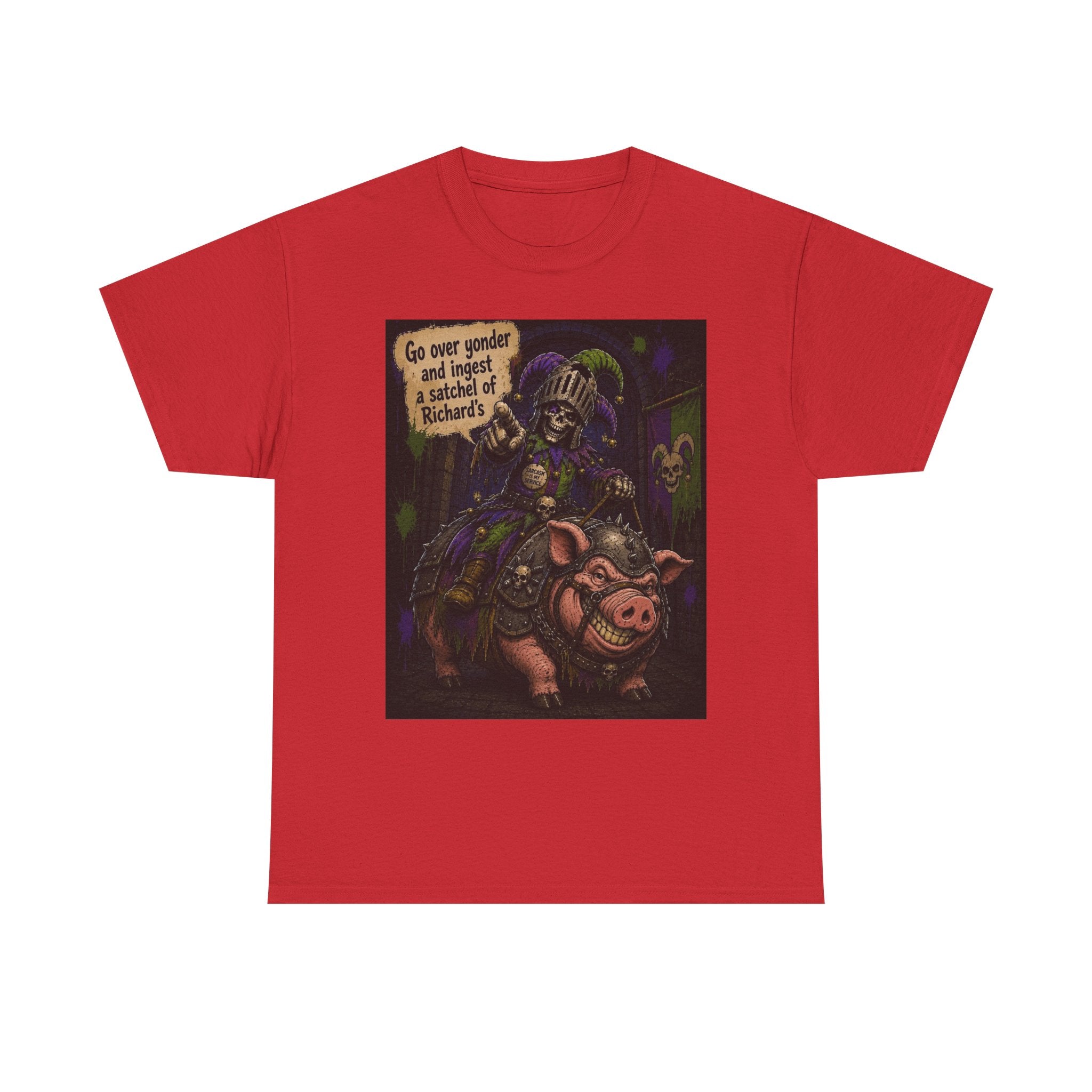 "Go Over Yonder & Ingest a School of Richards" Fantasy Skeleton Knight Riding Pig Dark Humor Graphic T-Shirt