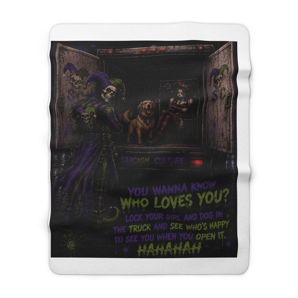 Creepy Clown 'Who Loves You?' Sherpa Blanket — Horror Truck Dog Quote