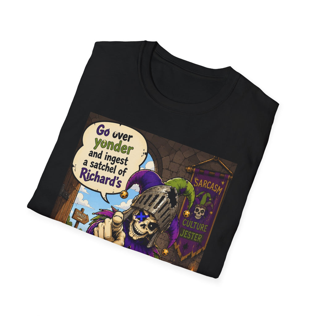 Funny Medieval Skeleton T‑Shirt – 'Go over yonder and ingest a satchel of Richard's' Graphic Tee