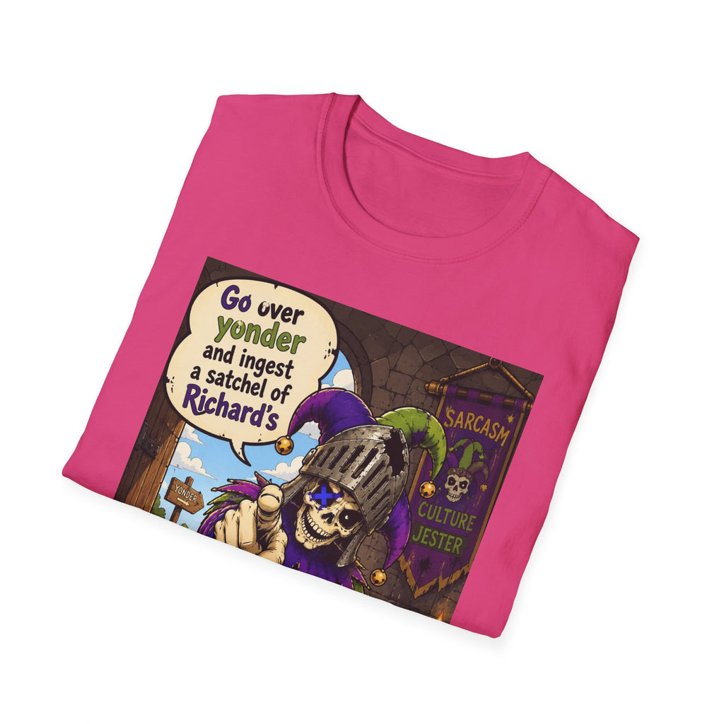 Funny Medieval Skeleton T‑Shirt – 'Go over yonder and ingest a satchel of Richard's' Graphic Tee