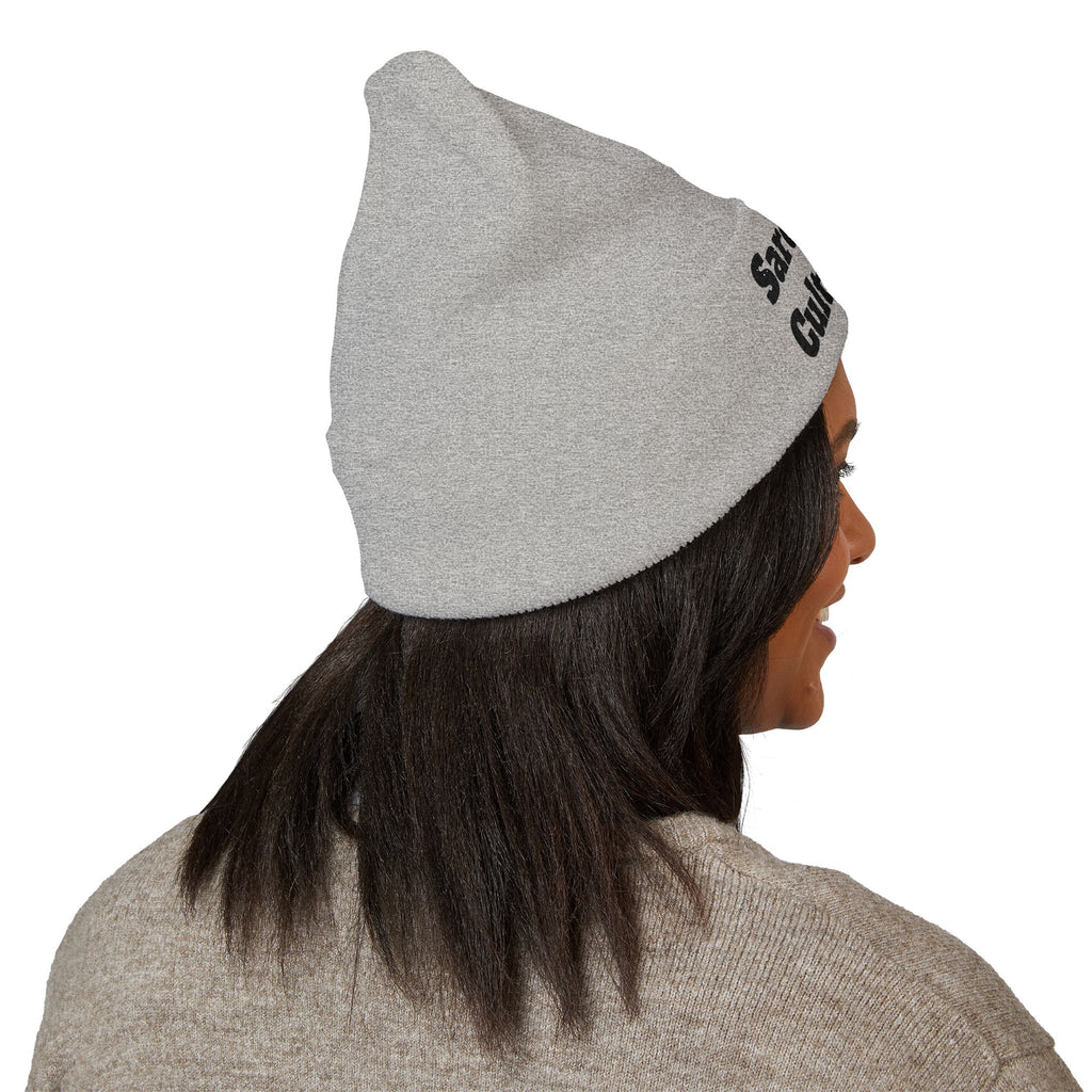 Sarcasm Culture Embroidered Cuffed Beanie — Olive Knit Winter Hat