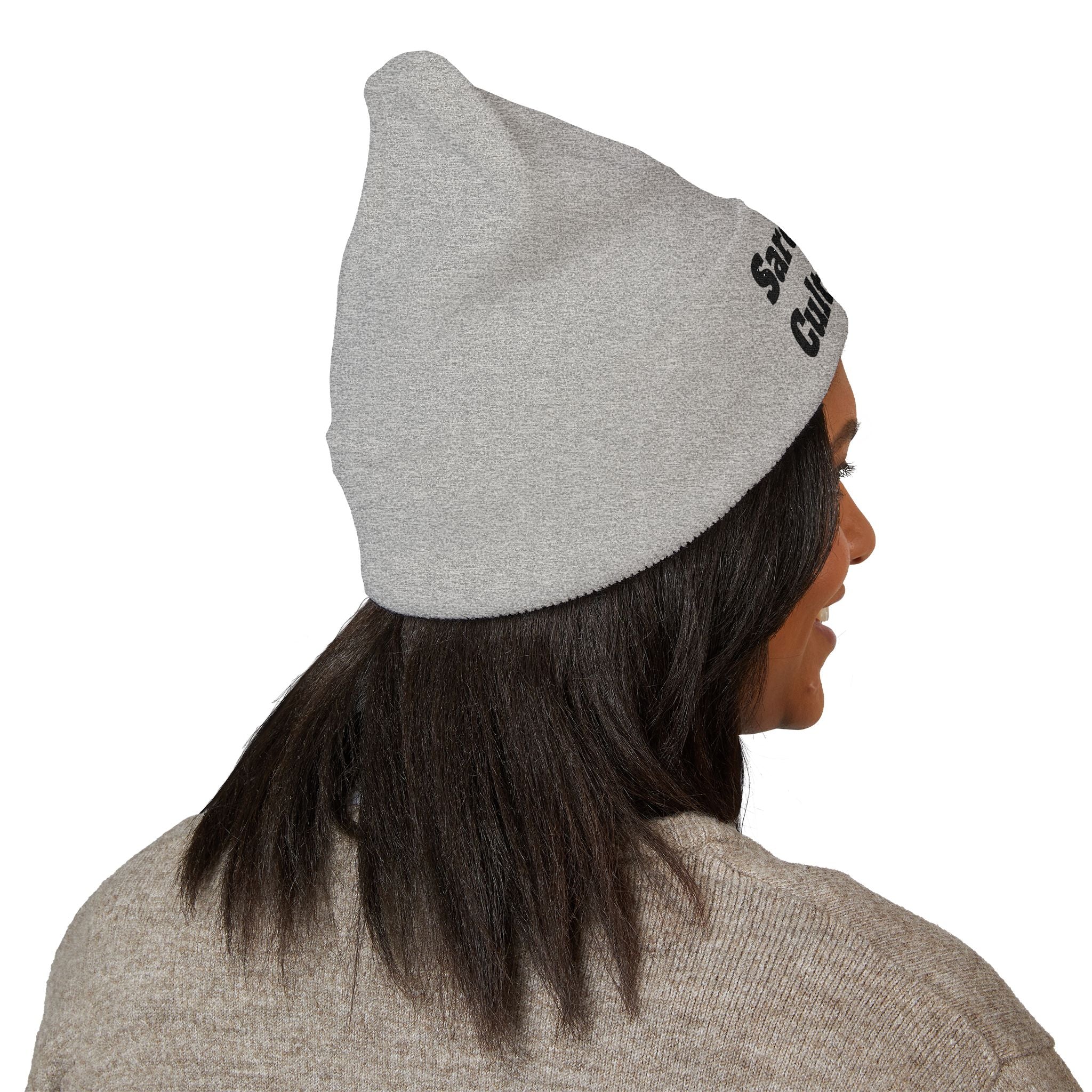 Sarcasm Culture Embroidered Cuffed Beanie — Olive Knit Winter Hat