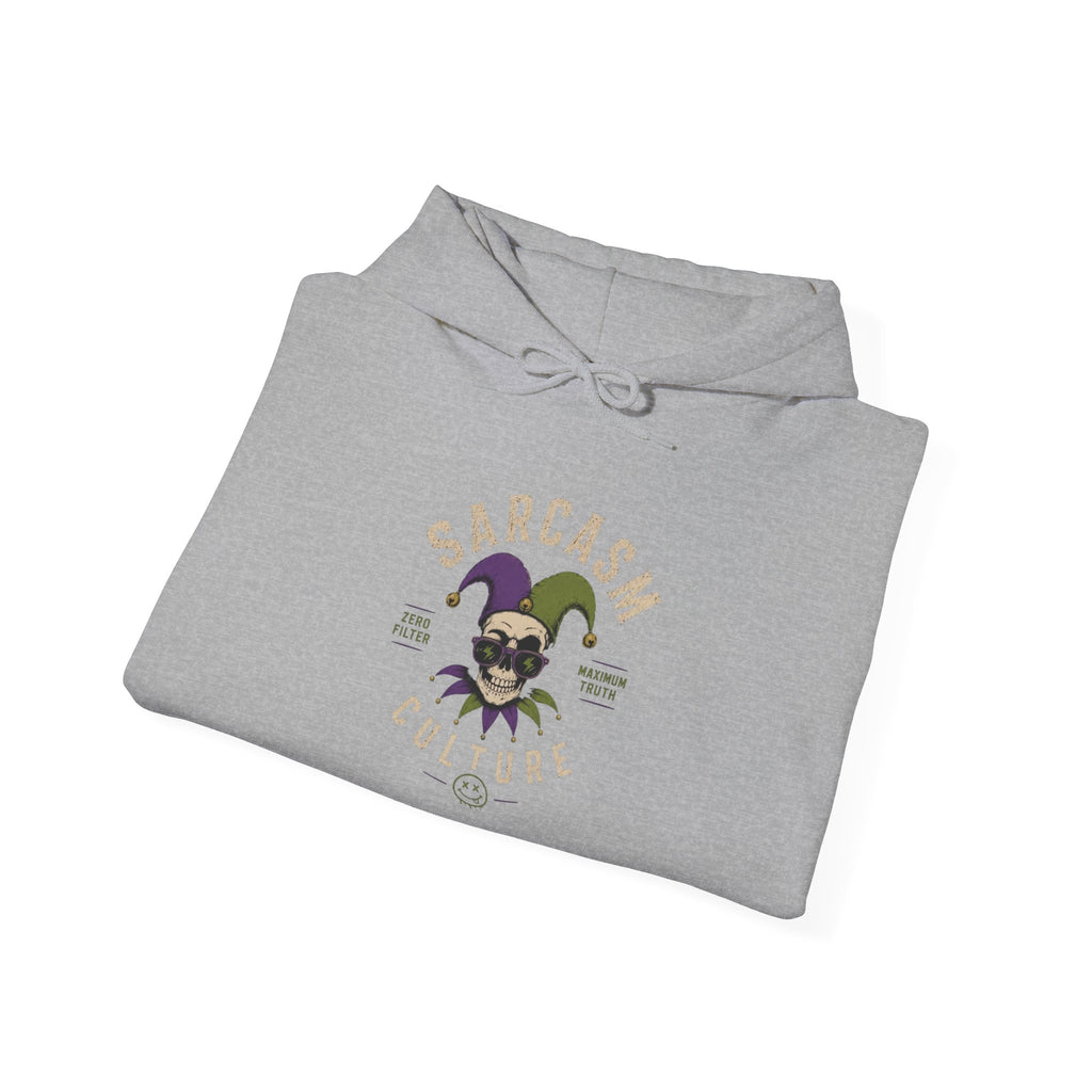 Sarcasm & Caution Hoodie — 'End of Common Sense' Skeleton Jester Duo Graphic Pullover