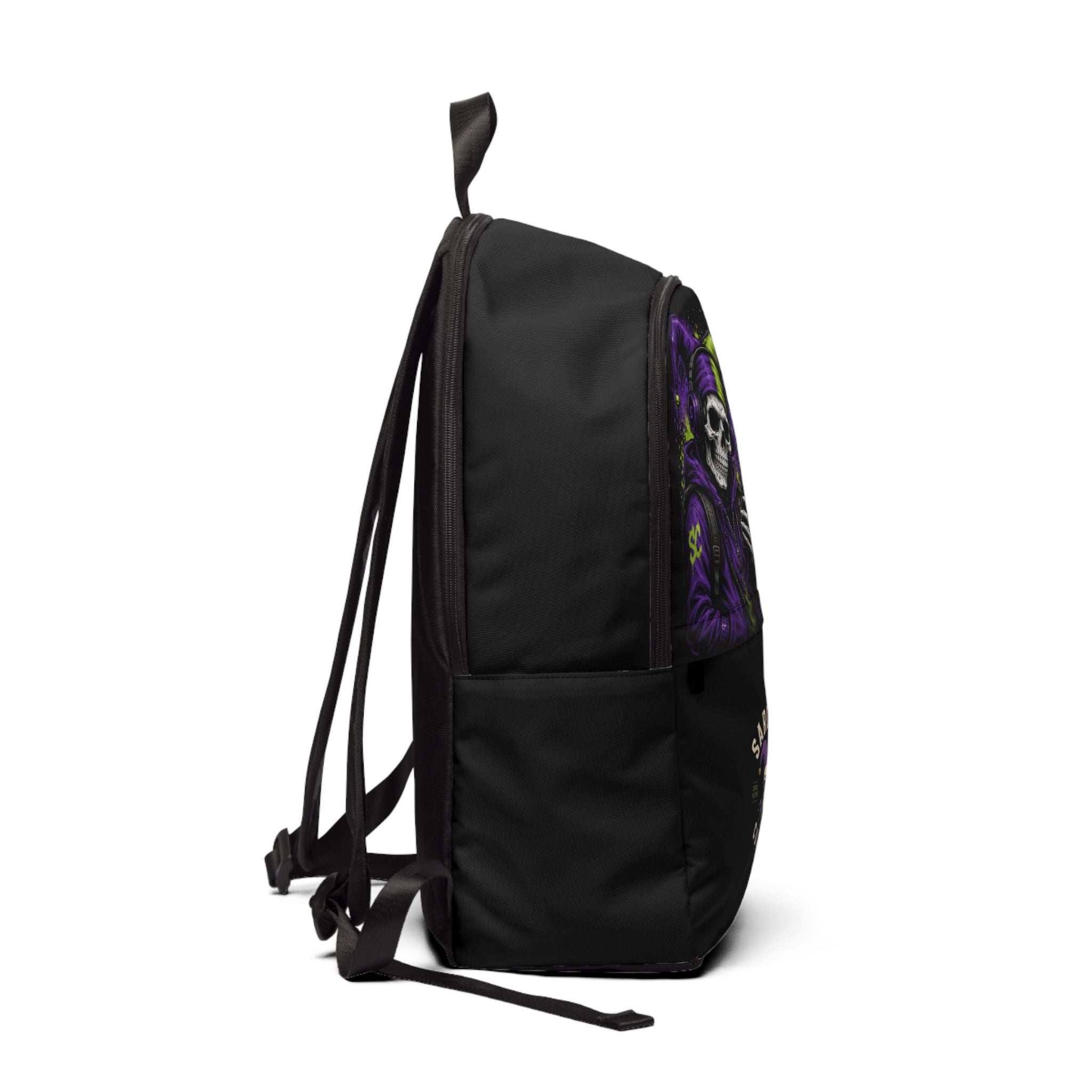 Backpack — "Music On. People Off." Skull Reaper Graphic