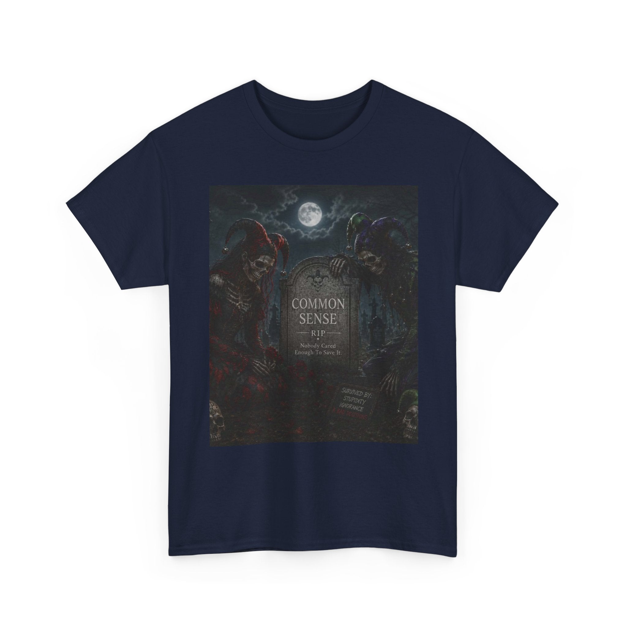 "Common Sense" Gothic Moon Dark Humor Graphic T-Shirt | Skeleton Jester
