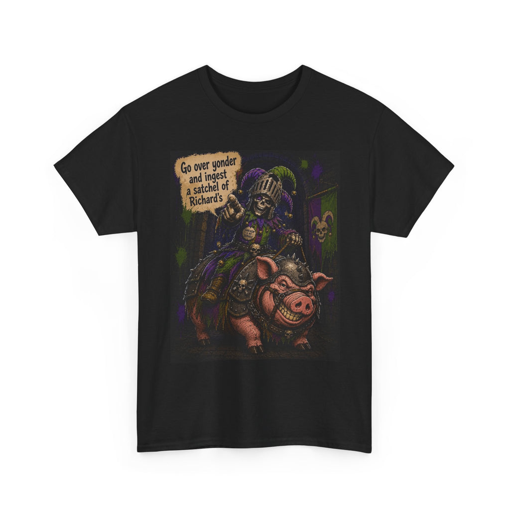 "Go Over Yonder & Ingest a School of Richards" Fantasy Skeleton Knight Riding Pig Dark Humor Graphic T-Shirt