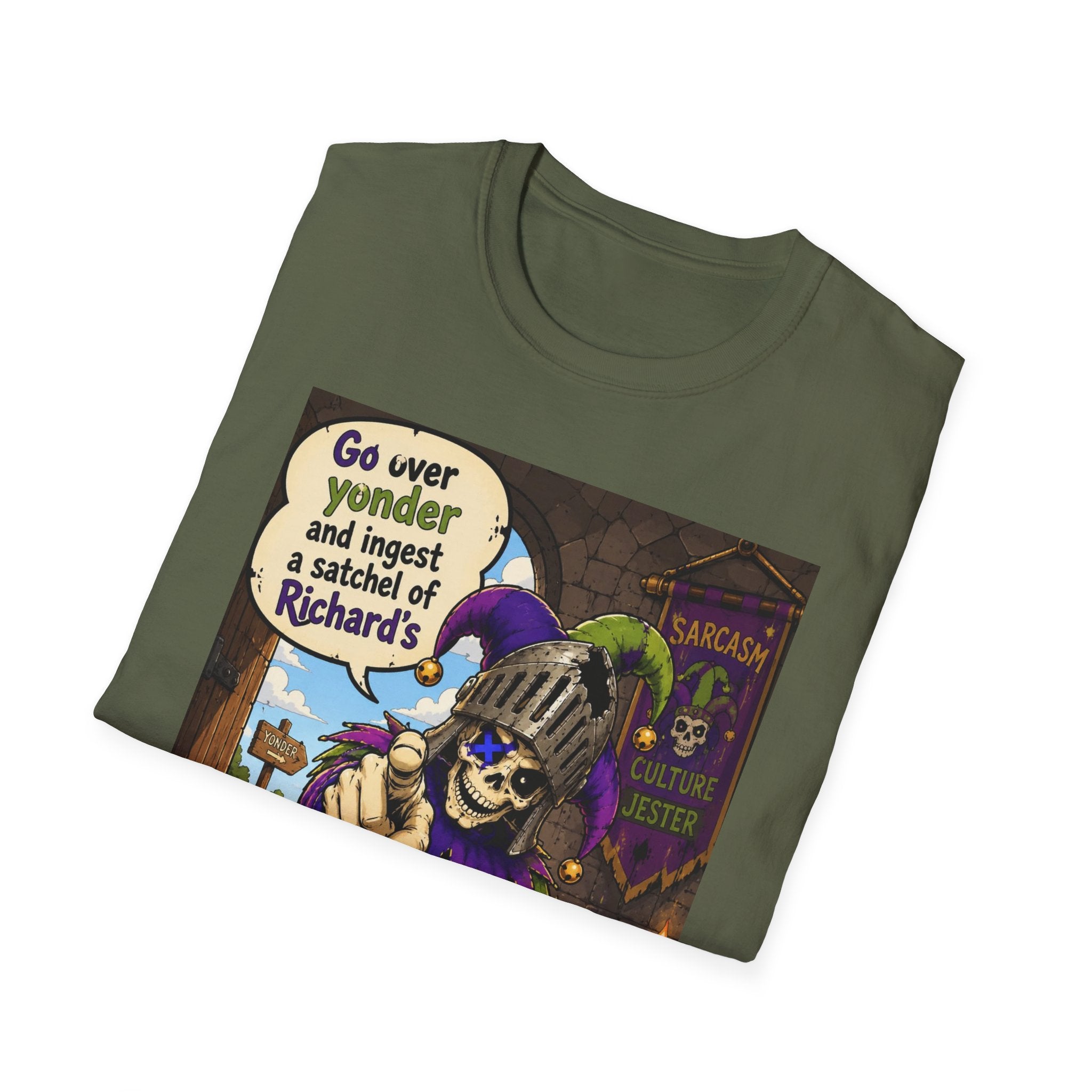 Funny Medieval Skeleton T‑Shirt – 'Go over yonder and ingest a satchel of Richard's' Graphic Tee