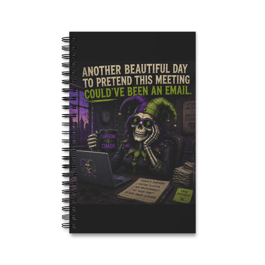 Spiral Journal — "Another Beautiful Day to Pretend This Meeting Could've Been an Email" Skeletal Jester Office Notebook