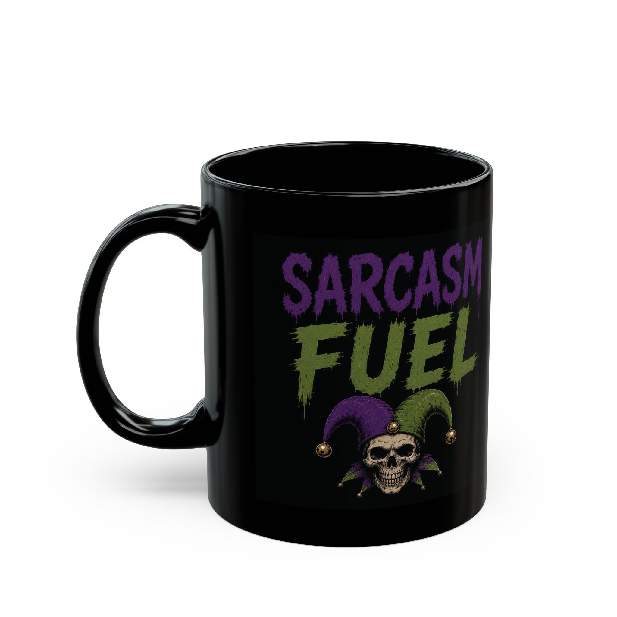Sarcasm Fuel Black Mug — Funny Gothic Skull Coffee Cup (11oz/15oz)