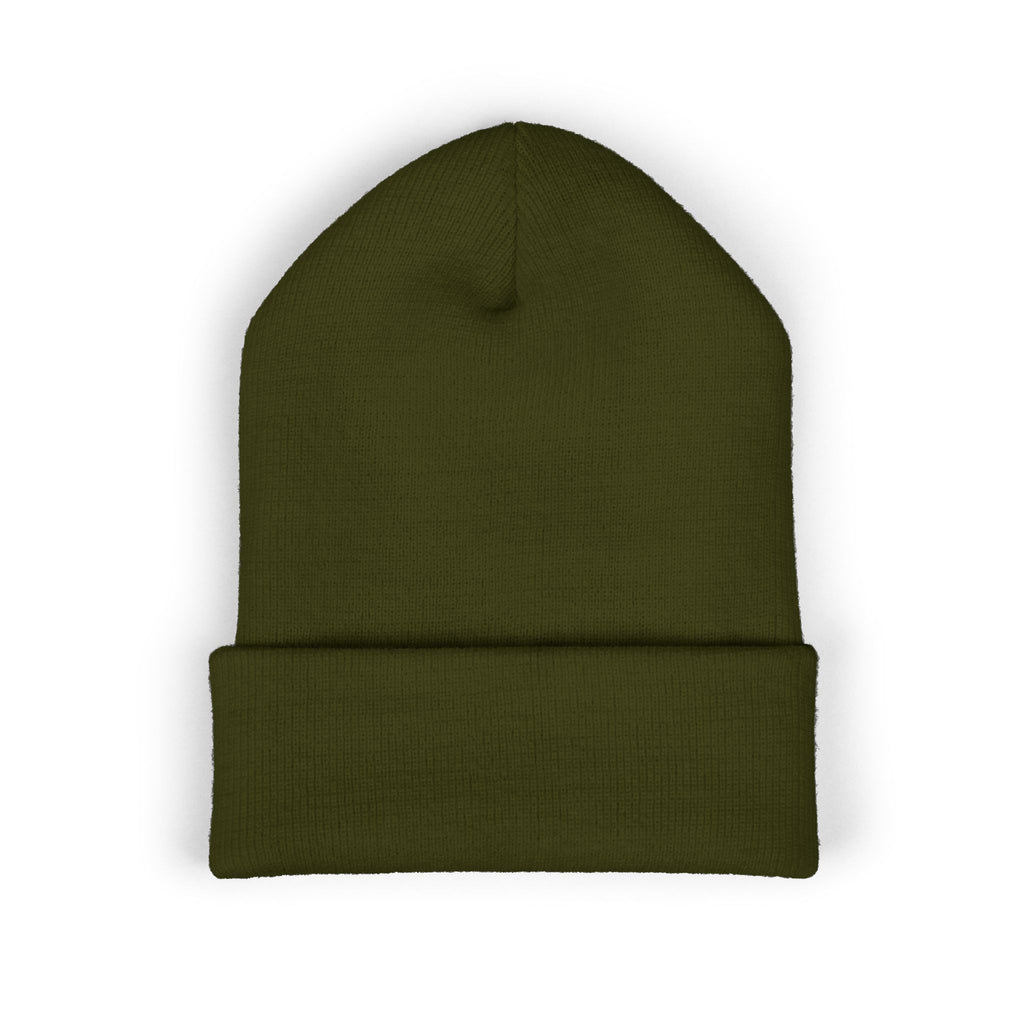 Sarcasm Culture Embroidered Cuffed Beanie — Olive Knit Winter Hat