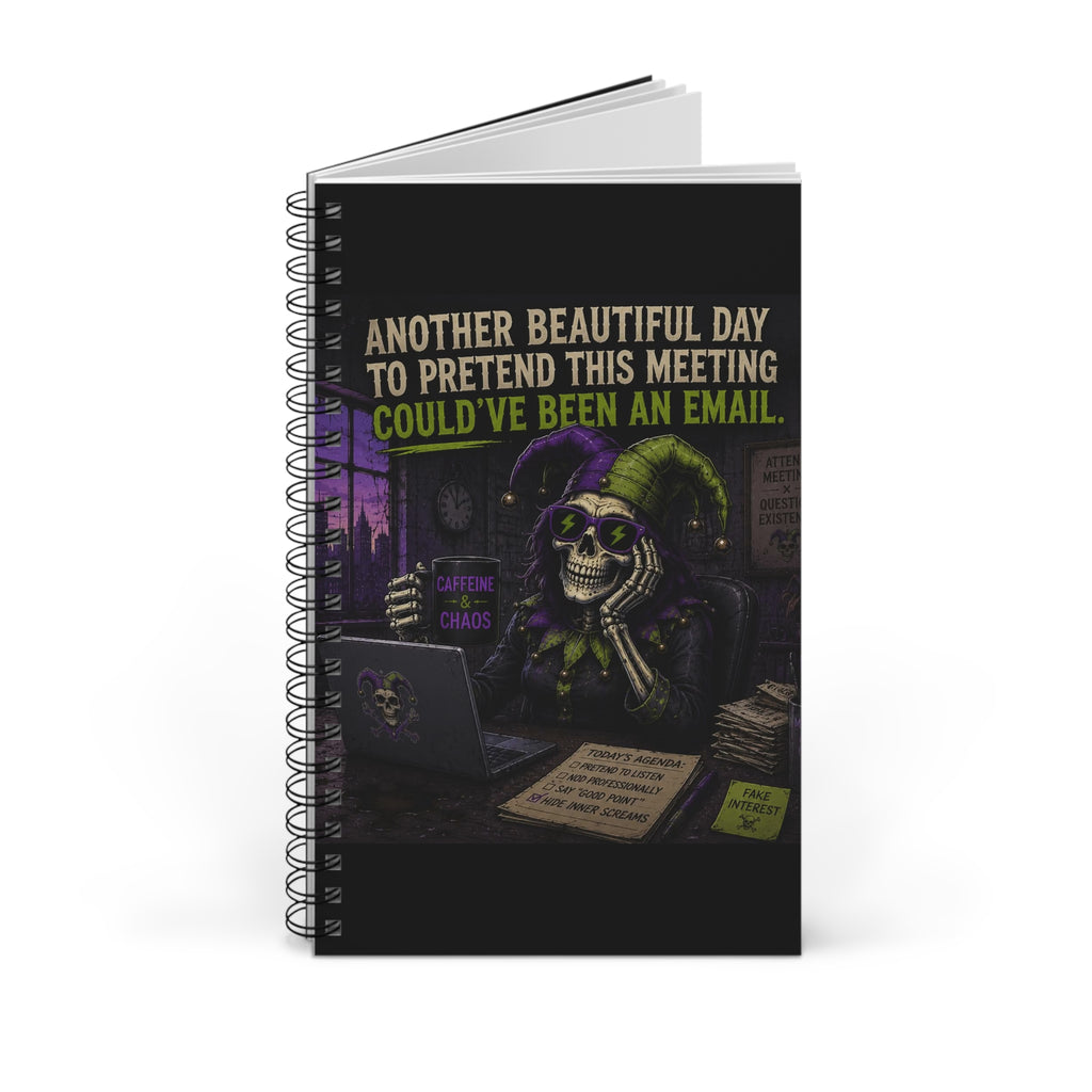 Spiral Journal — "Another Beautiful Day to Pretend This Meeting Could've Been an Email" Skeletal Jester Office Notebook