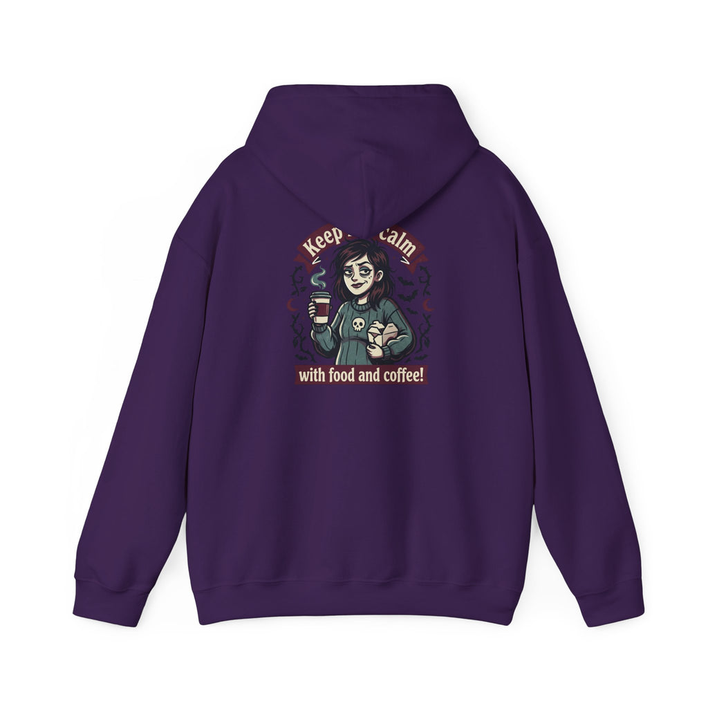 Sarcasm & Caffeine Hoodie — 'Keep Calm with Food and Coffee' Skeleton Jester Graphic Sweatshirt