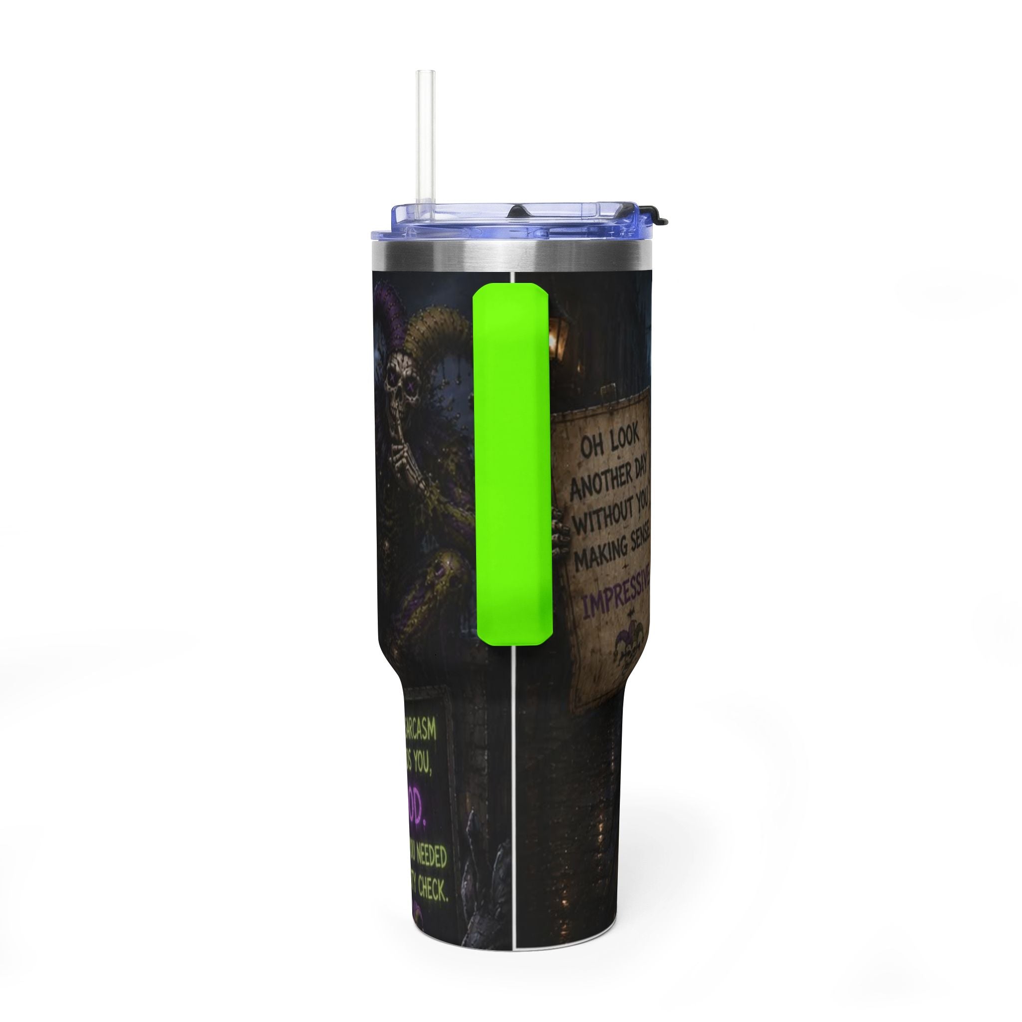 40oz The Skeleton Jester Tumbler — 'Another Day Without You Making Sense' Dark Humor Travel Mug