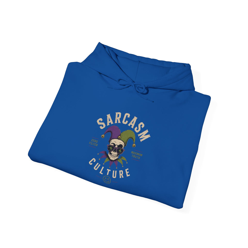 Sarcasm & Caution Hoodie — 'End of Common Sense' Skeleton Jester Duo Graphic Pullover