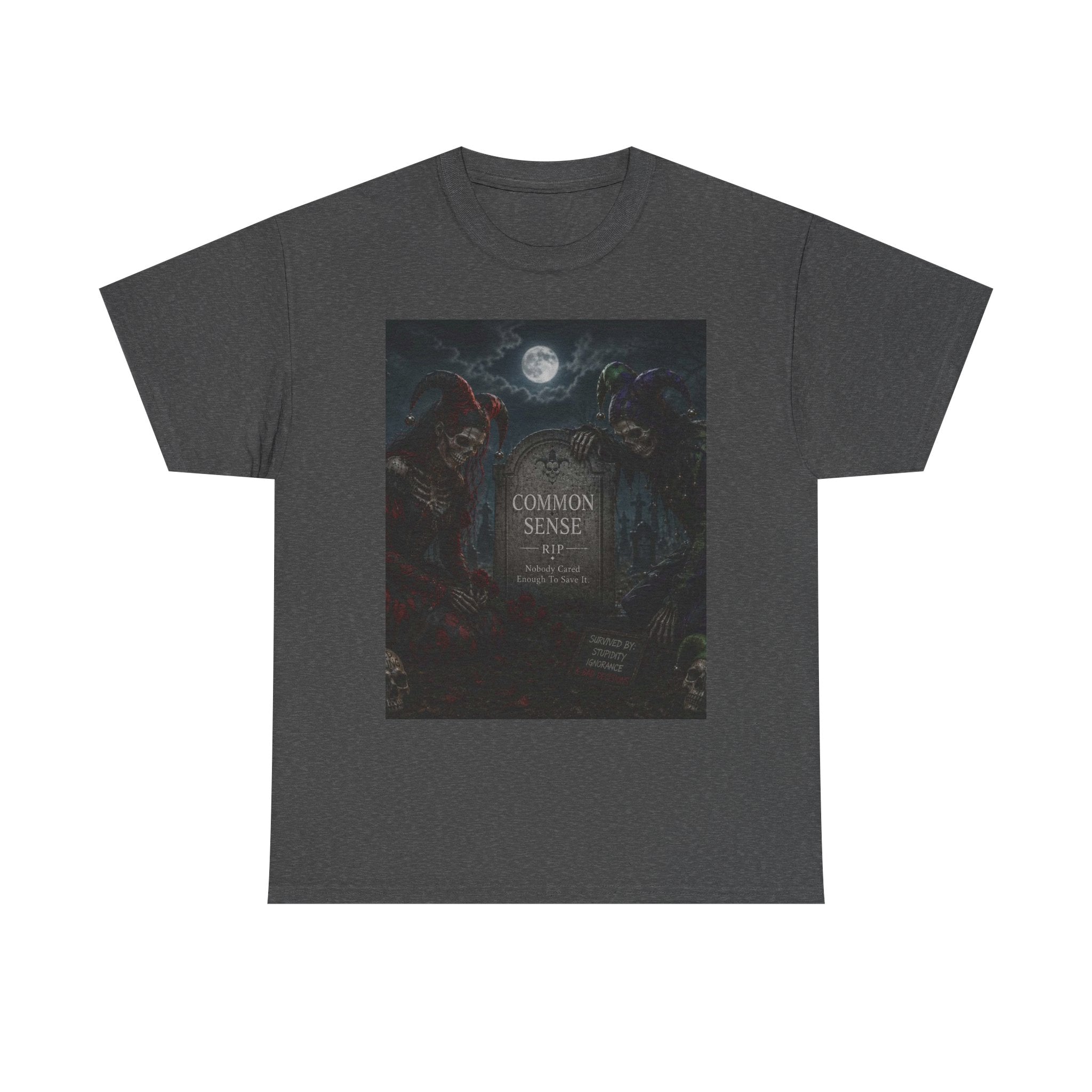 "Common Sense" Gothic Moon Dark Humor Graphic T-Shirt | Skeleton Jester