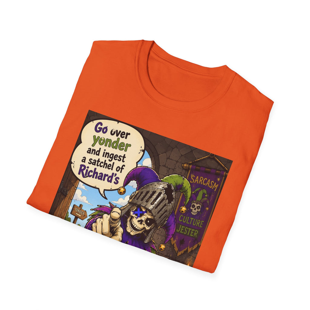 Funny Medieval Skeleton T‑Shirt – 'Go over yonder and ingest a satchel of Richard's' Graphic Tee